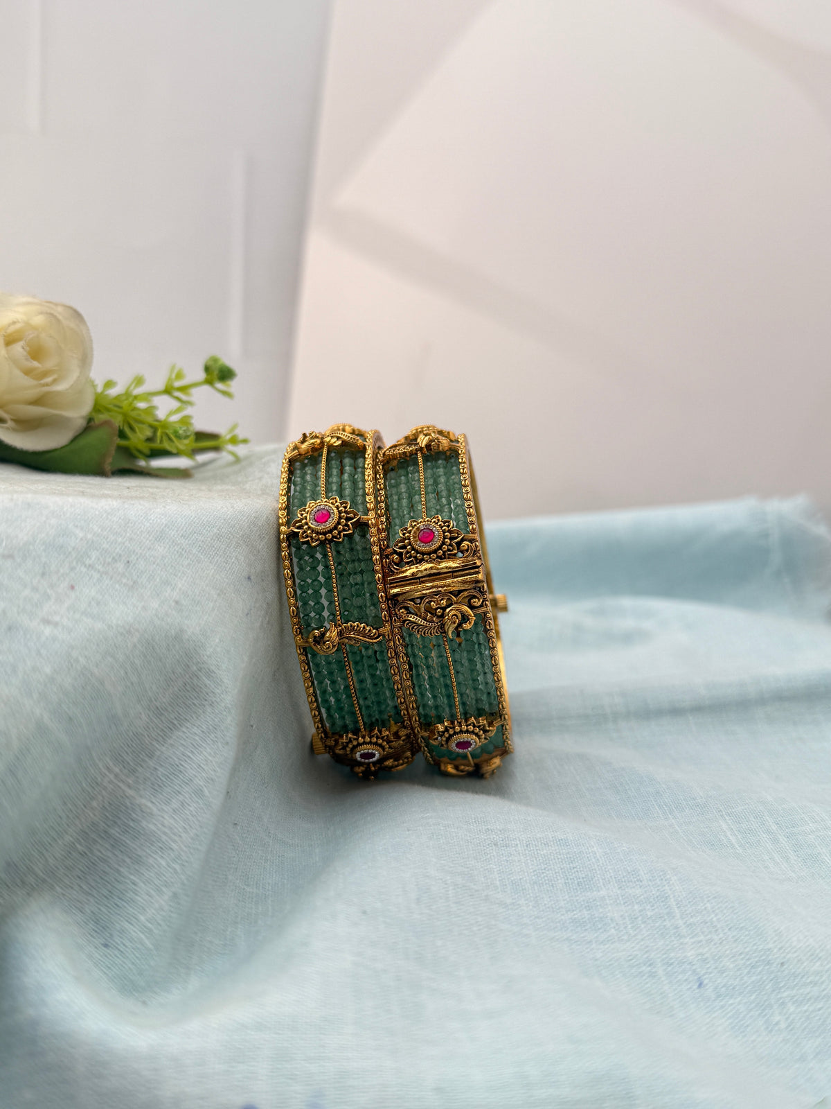 Luxurious Green Beads Kada Antique Bangles | Open Style |B0626