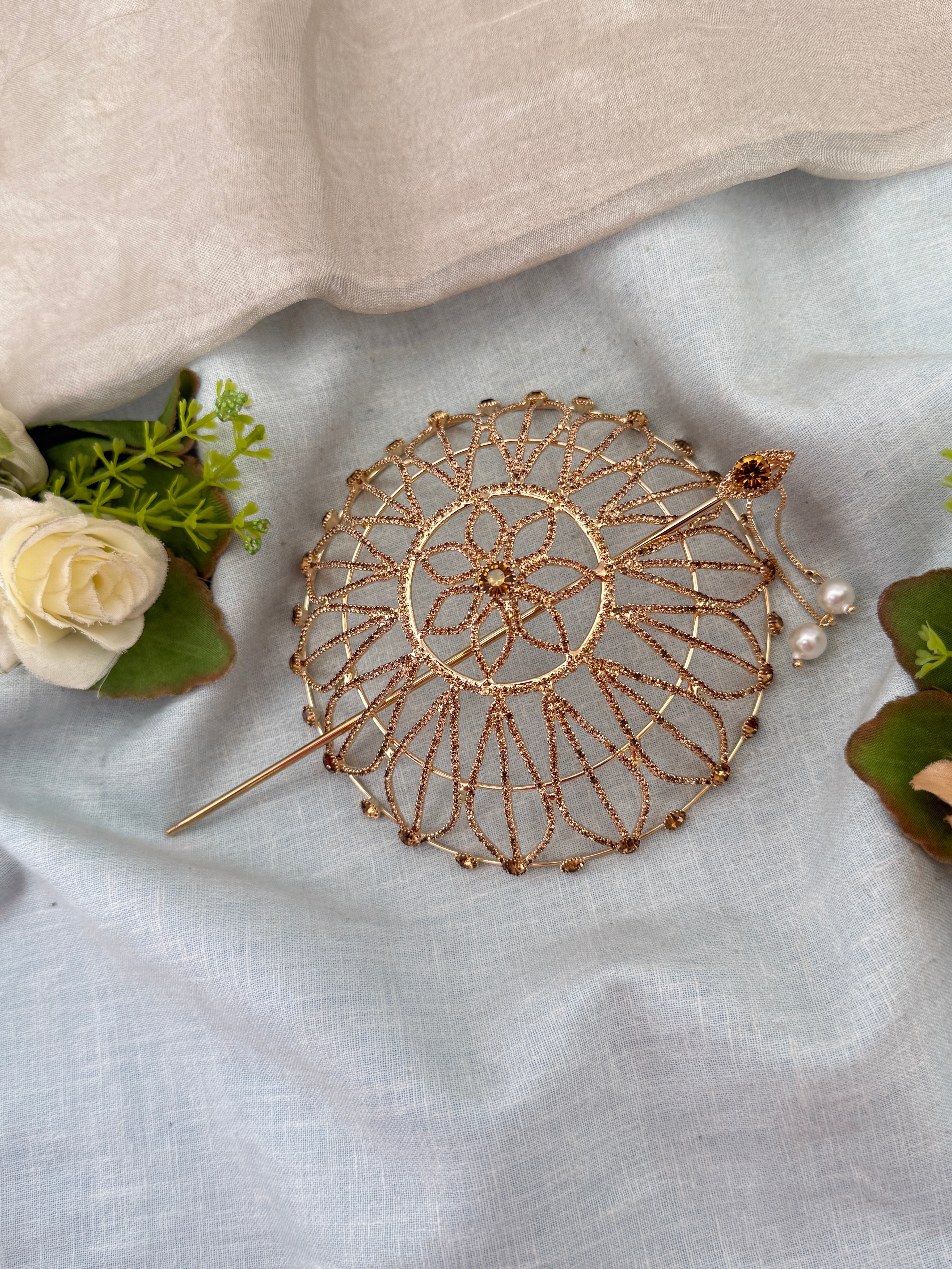 Hair bun, hair juda, hair jewellery, hair bun cage, kundan hair tie,
