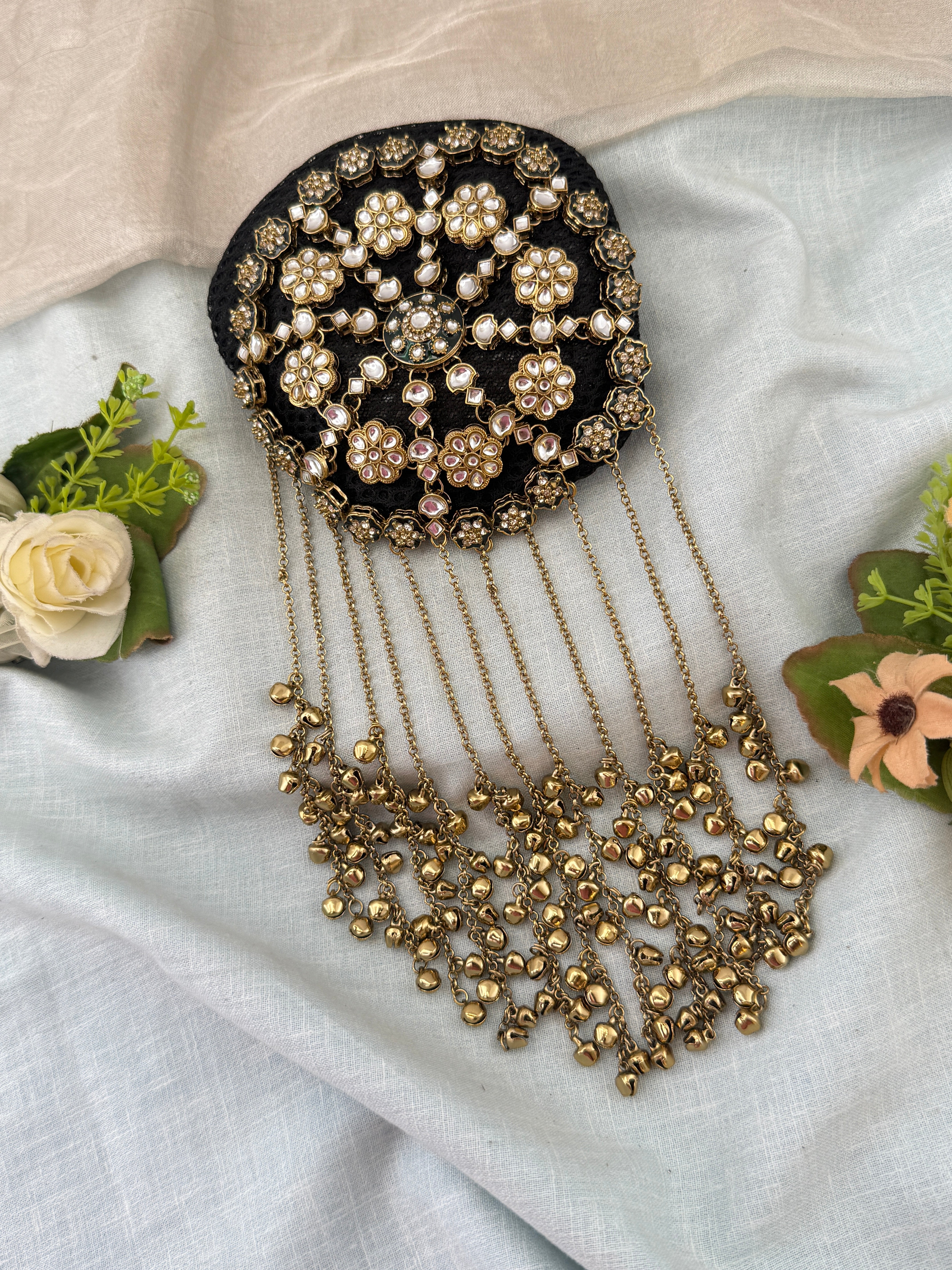 Hair bun, hair juda, hair jewellery, hair bun cage, kundan hair tie,