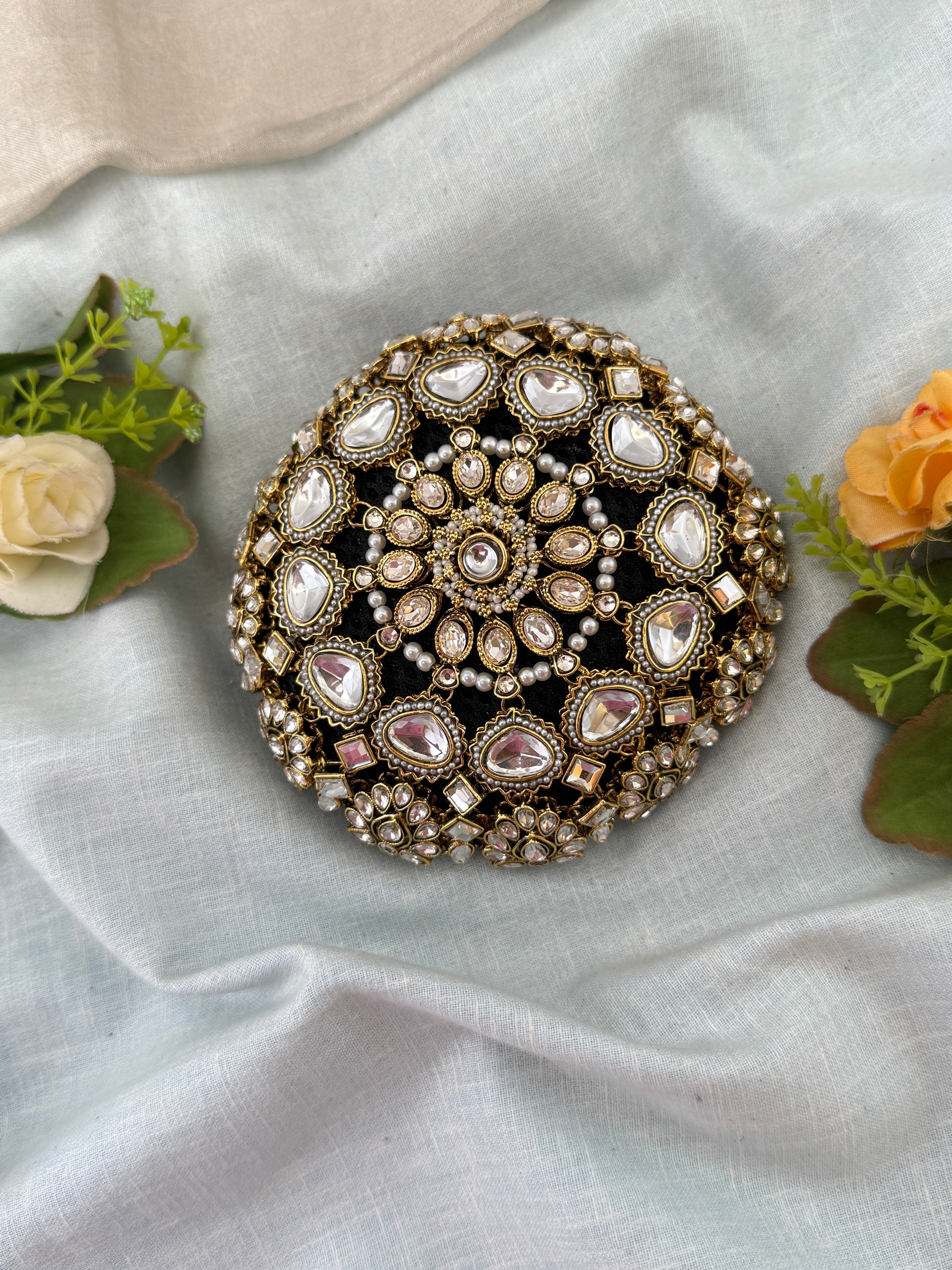 Hair bun, hair juda, hair jewellery, hair bun cage, kundan hair tie,