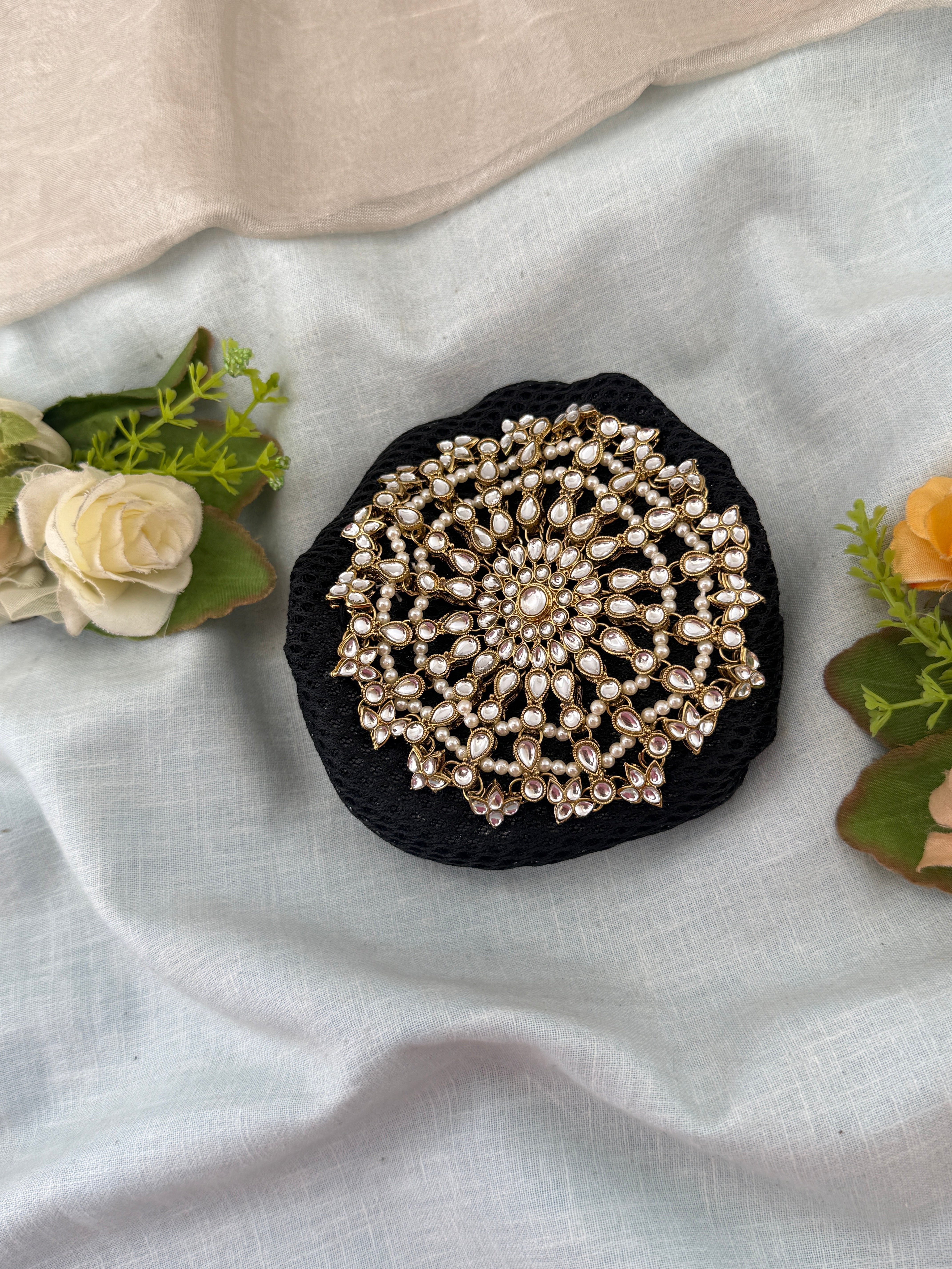 Hair bun, hair juda, hair jewellery, hair bun cage, kundan hair tie,