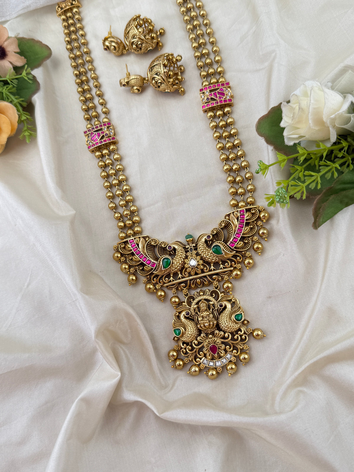 Antique Grand Jadau Kundan Peacock Long Layered Necklace Set | 219