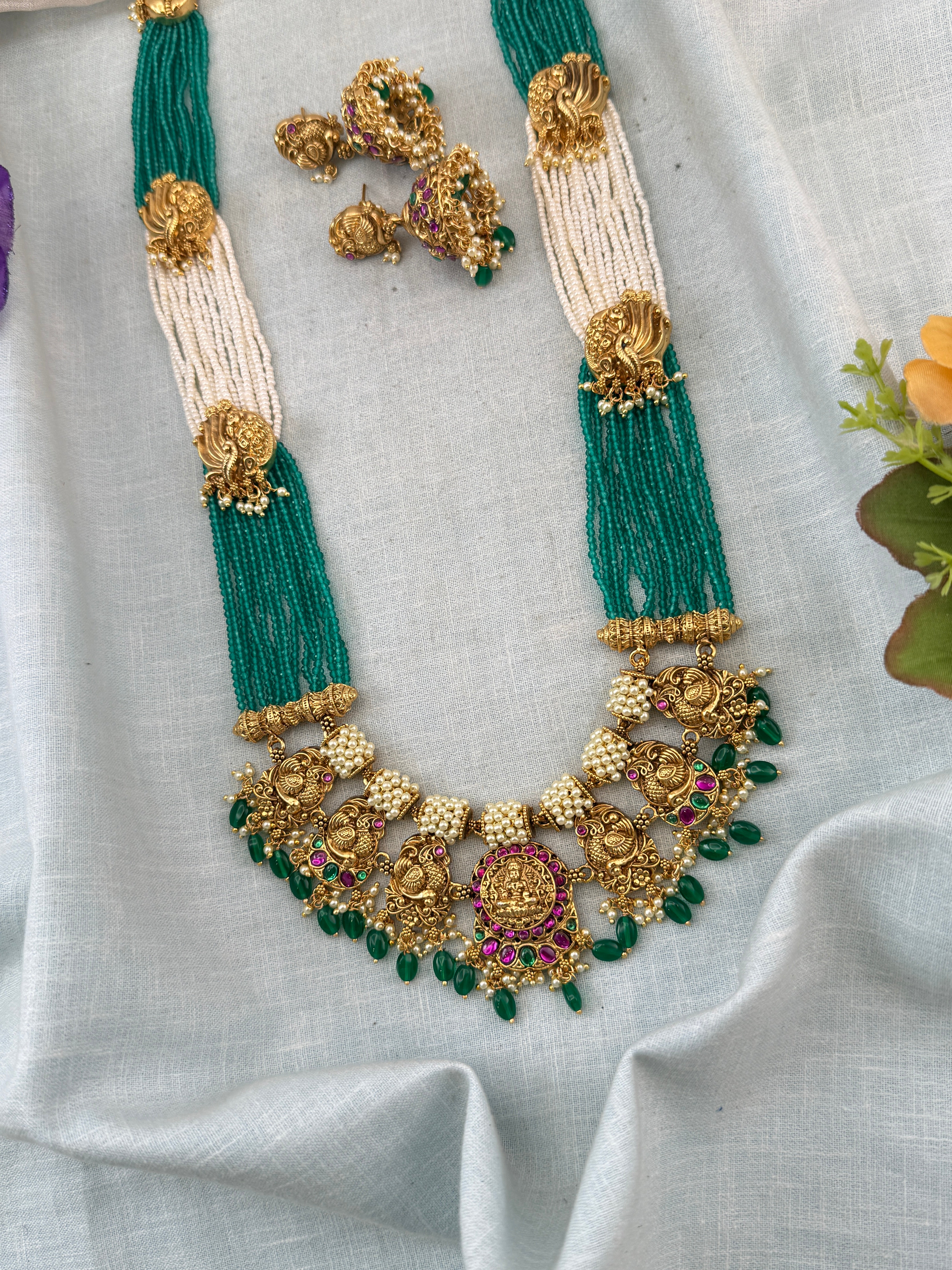 Jadau Kundan Necklace Layer Beads Peacock Grand Set | N0038