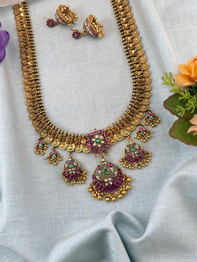 Jadau Kundan Necklace Kaasu Pendant Royal Long Set | N0026