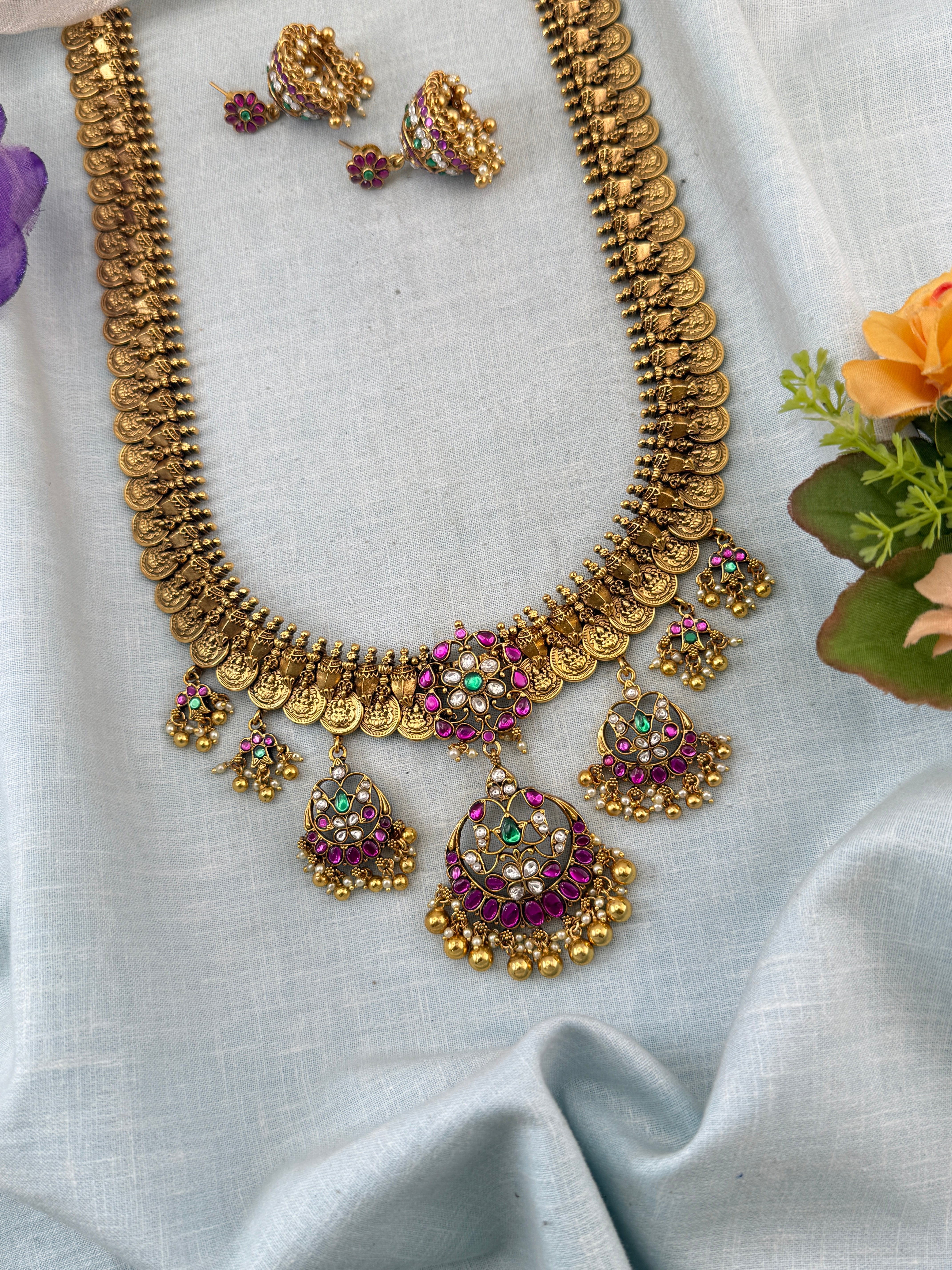 Jadau Kundan Necklace Kaasu Pendant Royal Long Set | N0026