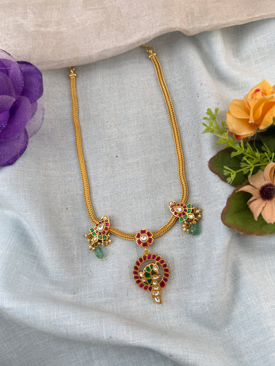 Jadau Necklace Peacock Pendant Chain Short Set | N0049