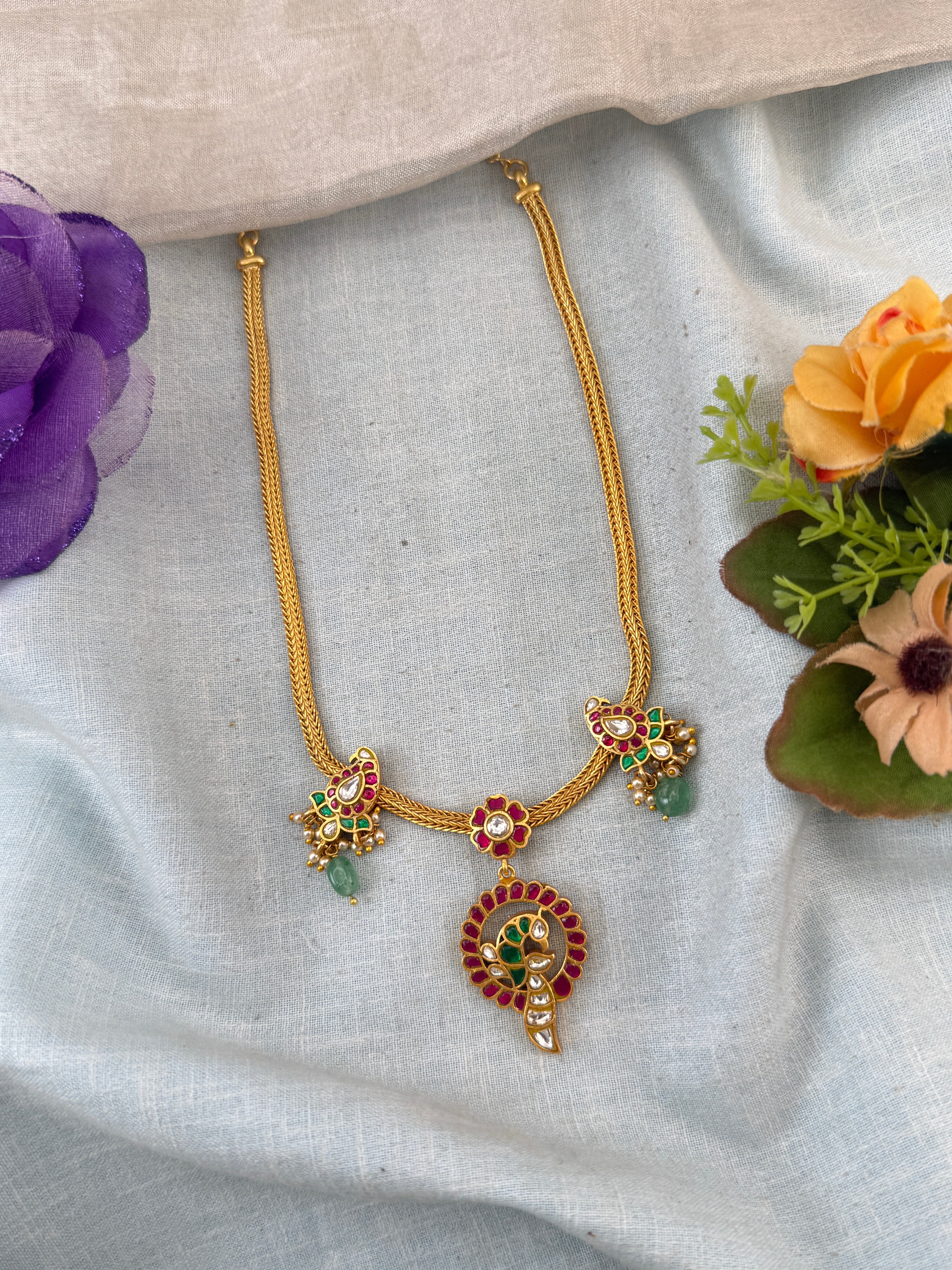 Jadau Necklace Peacock Pendant Chain Short Set | N0049