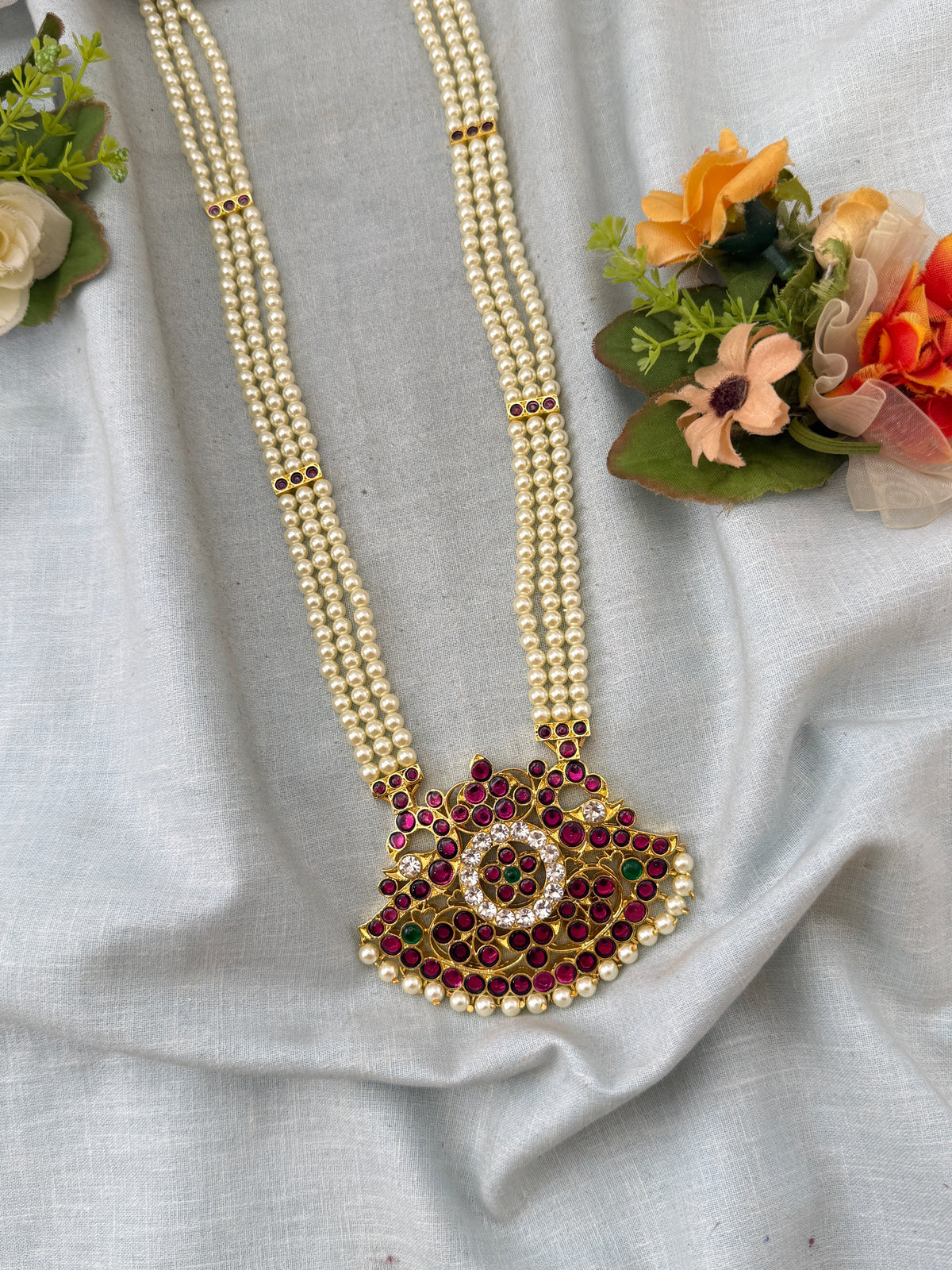 Bharatanatyam Necklace Pearl Layers Pure Brass Long Set | T0053