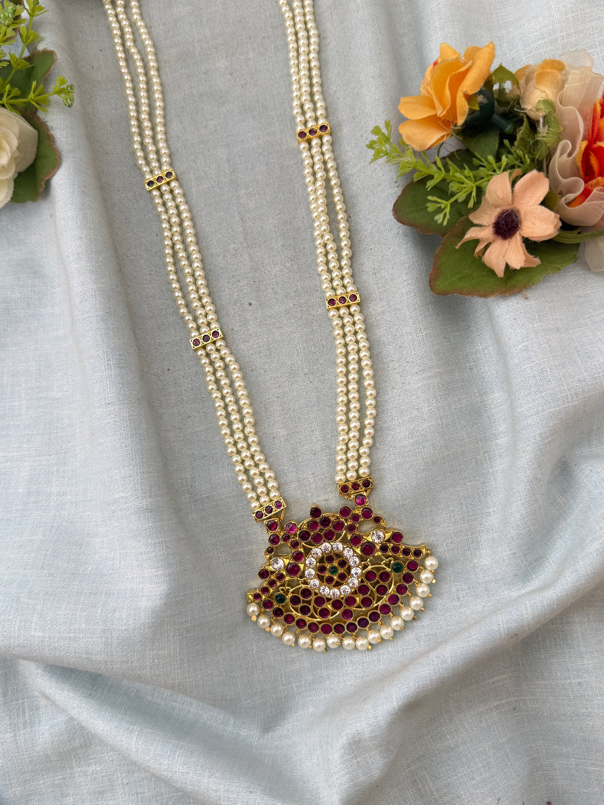 Bharatanatyam Necklace Pearl Layers Pure Brass Long Set | T0054