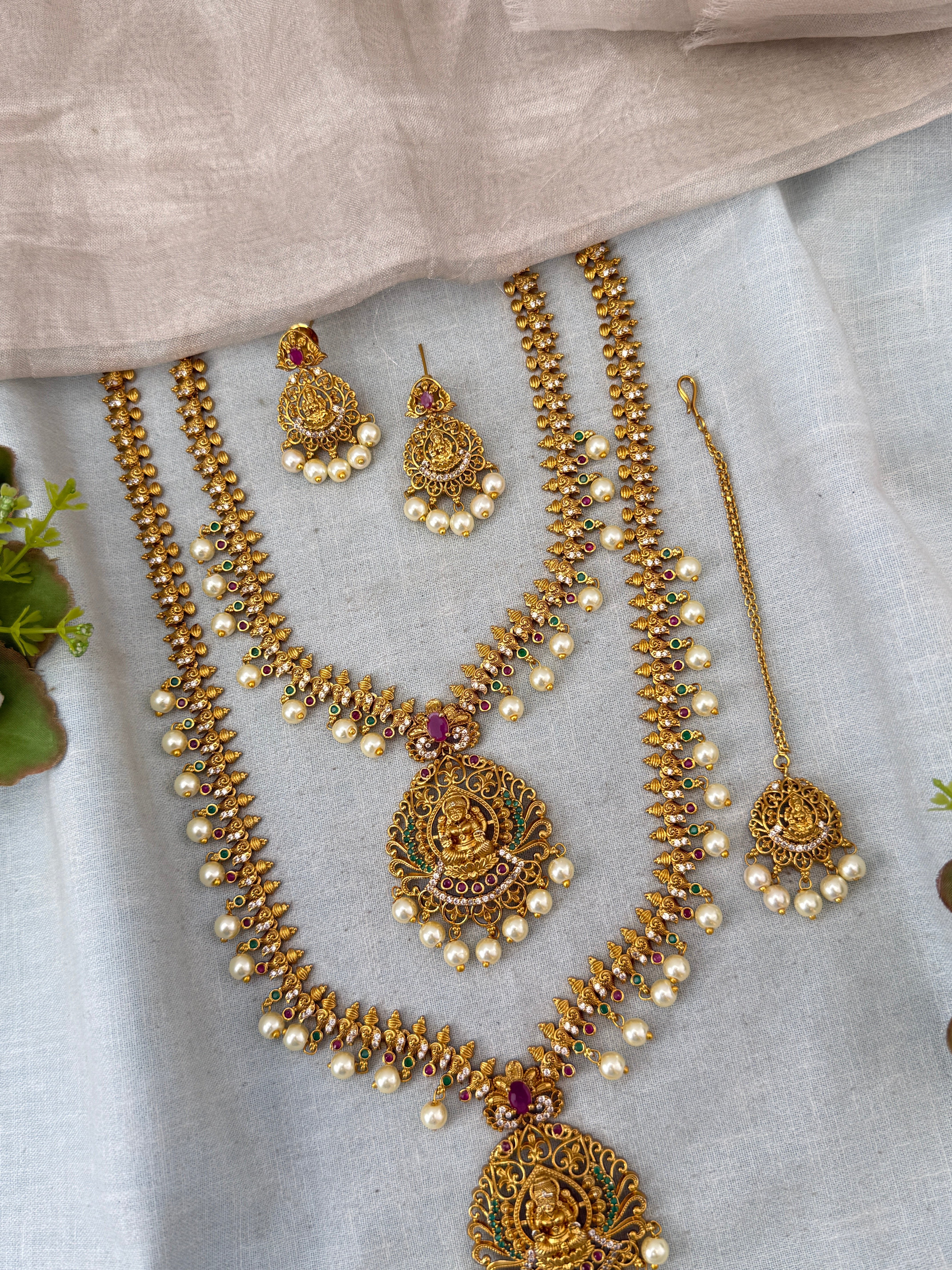 Antique Semi Bridal Lakshmi Pendant  Necklace Set Combo | N0343