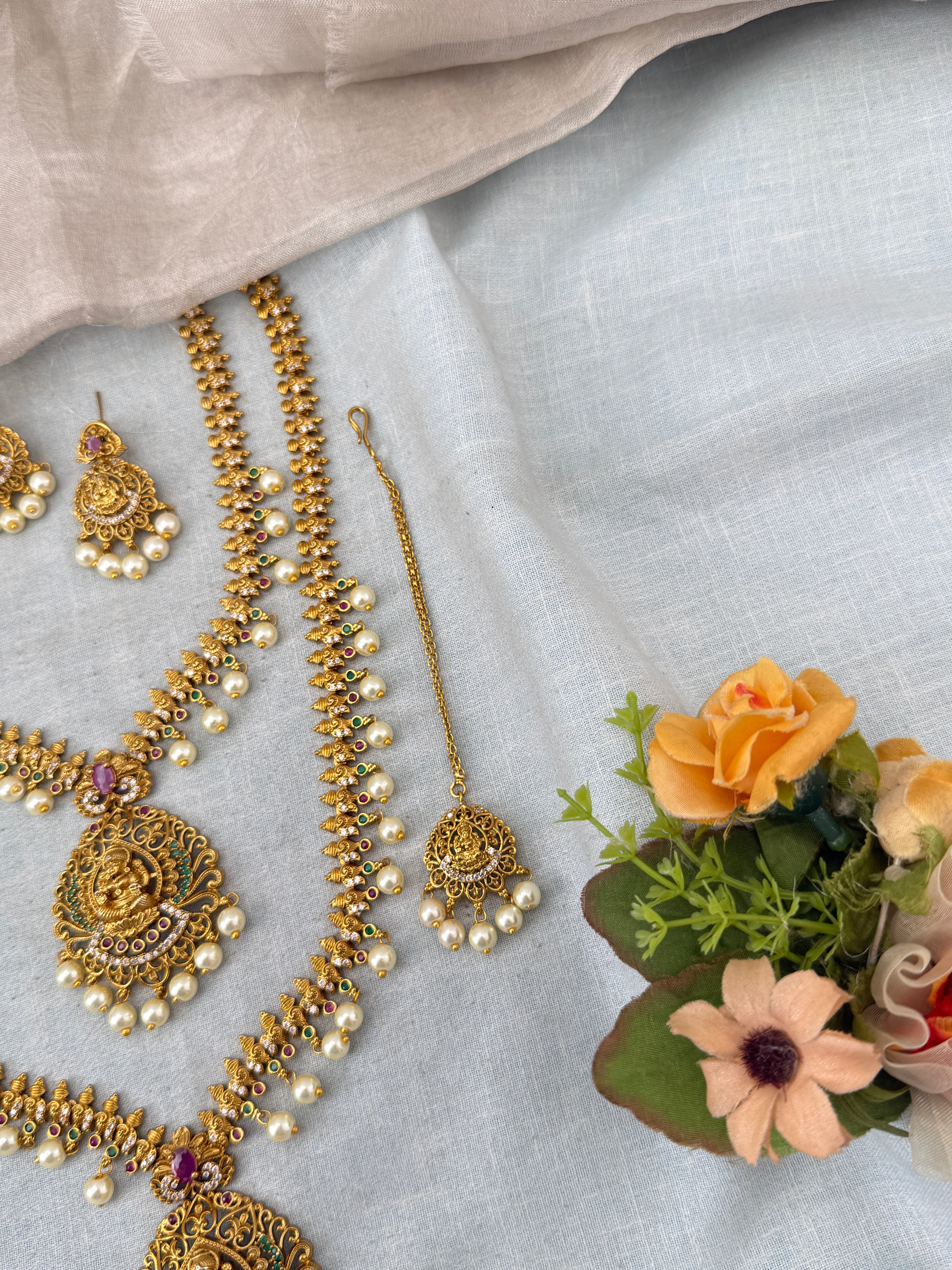 Antique Semi Bridal Lakshmi Pendant  Necklace Set Combo | N0343