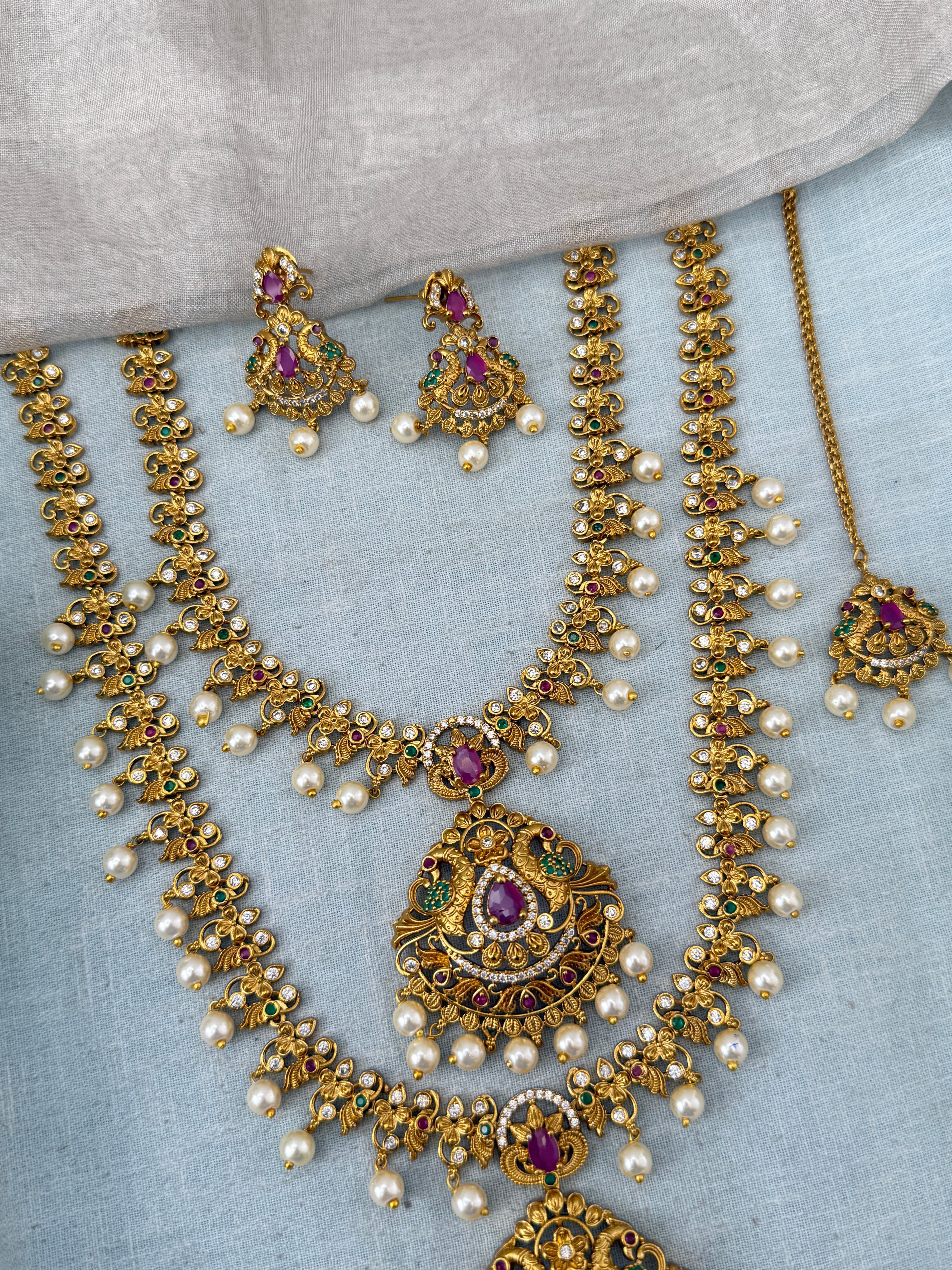 Antique Semi Bridal Peacock Pendant  Necklace Set Combo | N0340
