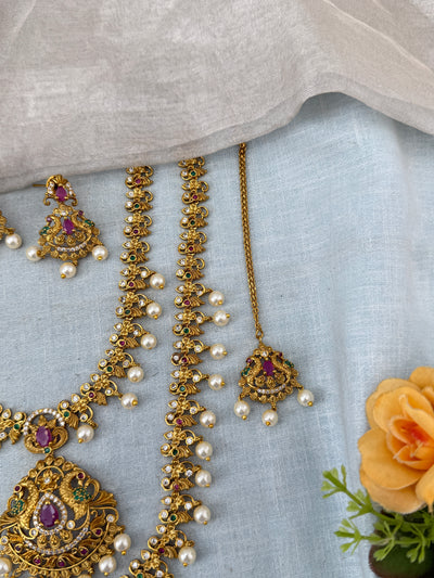 Antique Semi Bridal Peacock Pendant  Necklace Set Combo | N0340