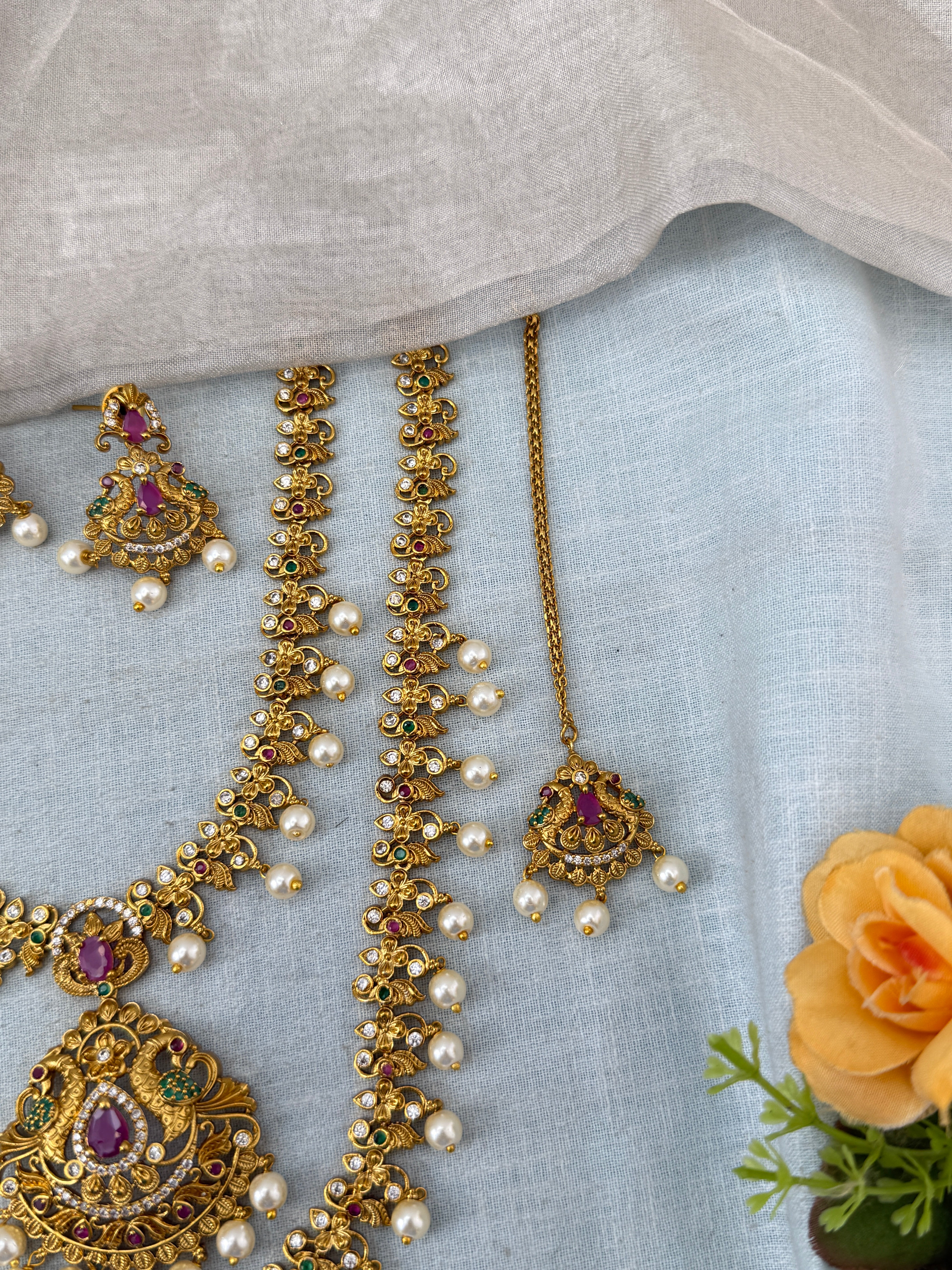 Antique Semi Bridal Peacock Pendant  Necklace Set Combo | N0340