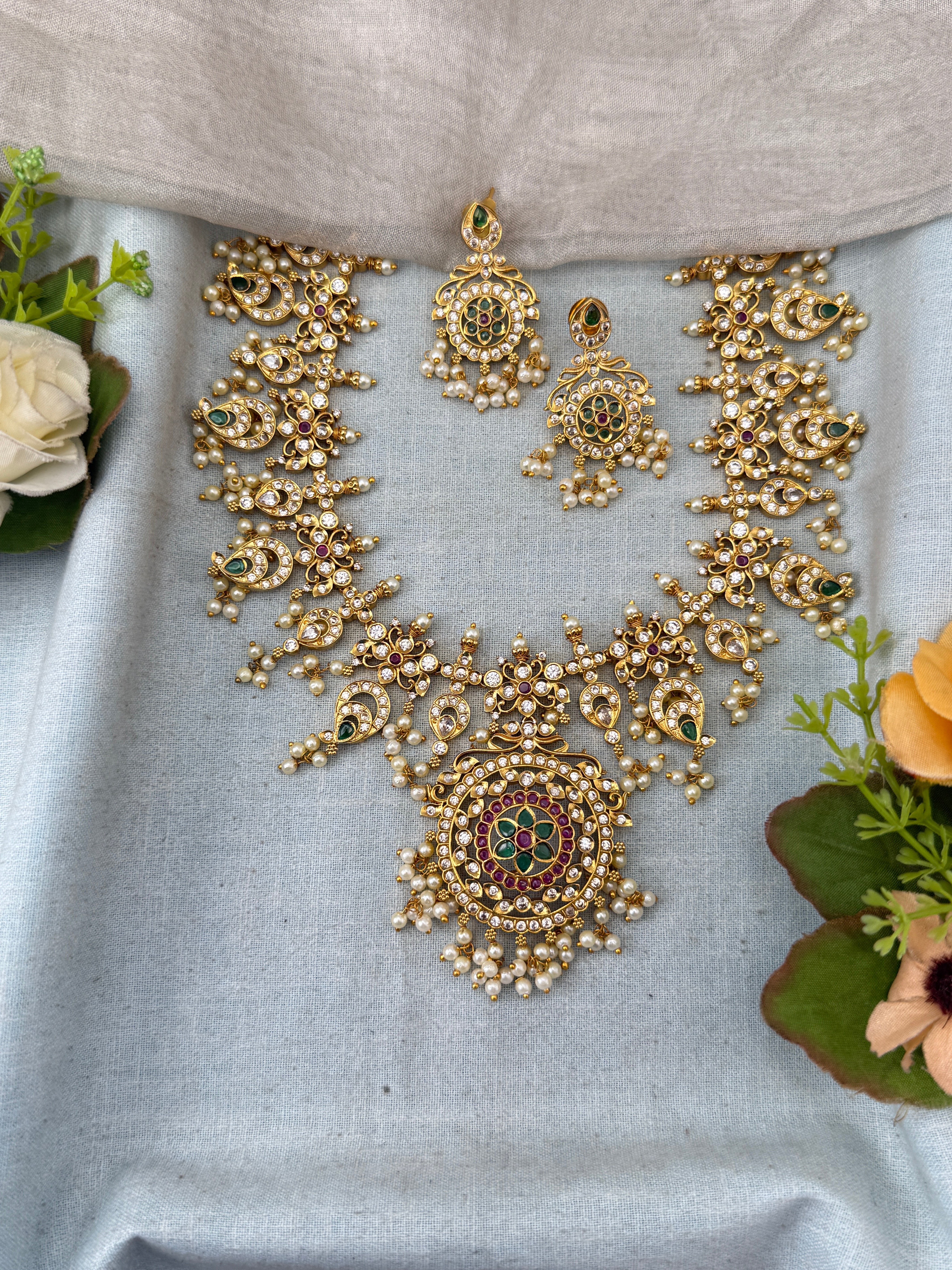 Antique Grand Stone Pendant Short Necklace Set| N0304