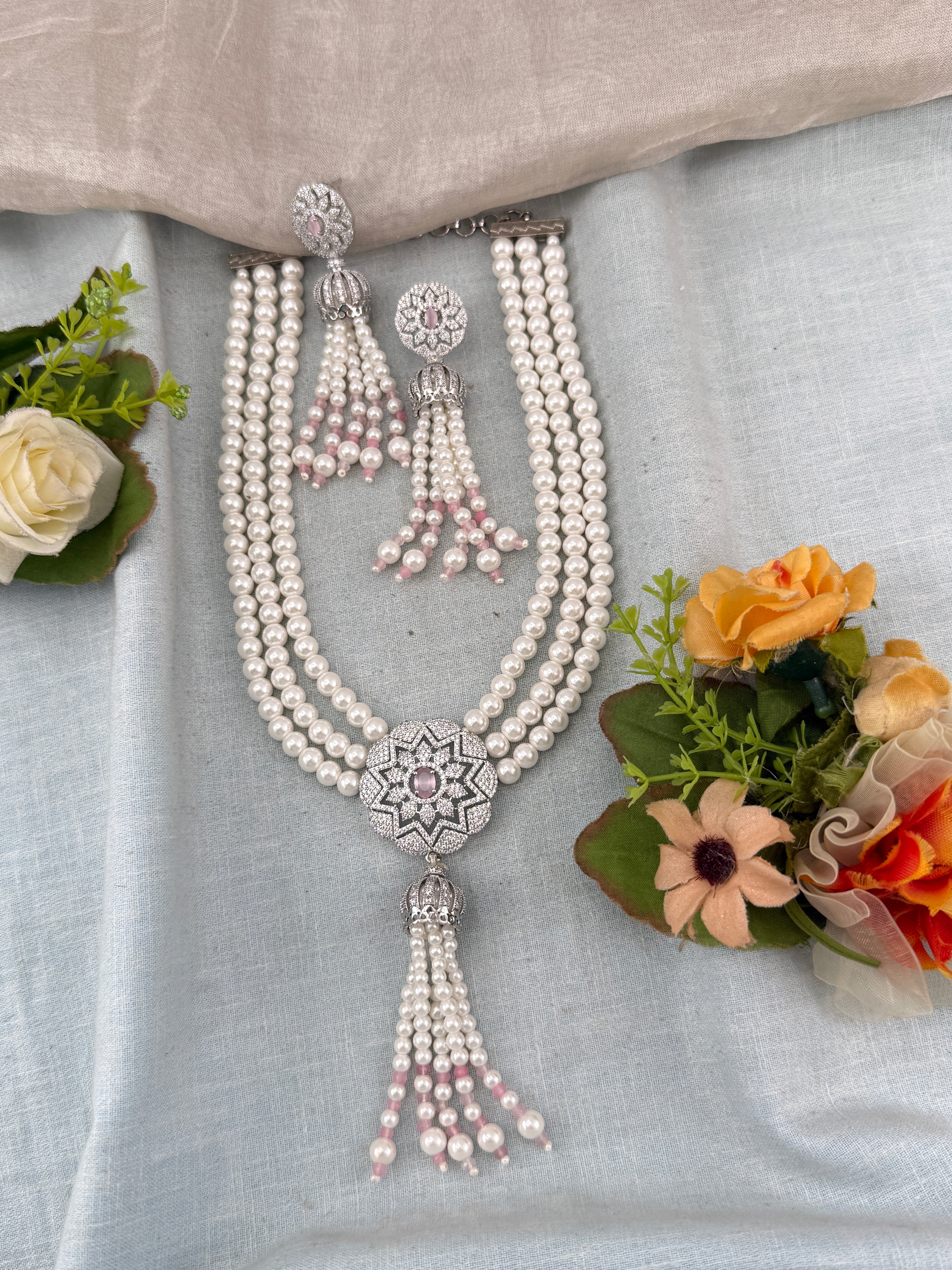 Premium Pearl Mid - Long Mala Necklace Set | N0357