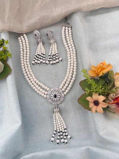 Premium Pearl Mid - Long Mala Necklace Set | N0357a