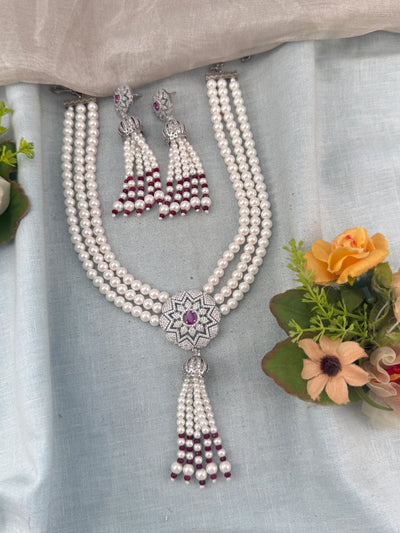 Premium Pearl Mid - Long Mala Necklace Set | N0357 A