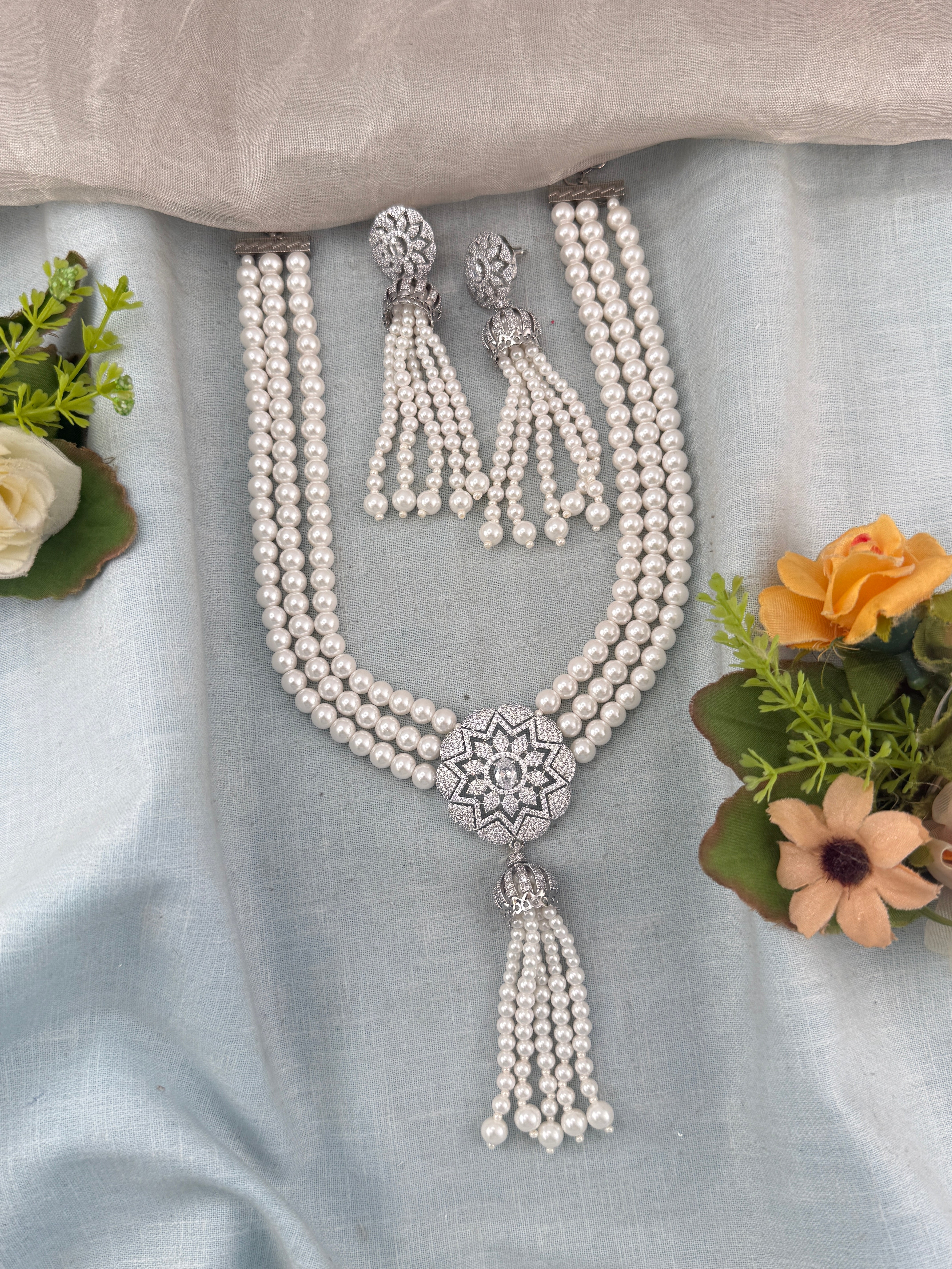 Premium Pearl Mid - Long Mala  Necklace Set | N0357 B