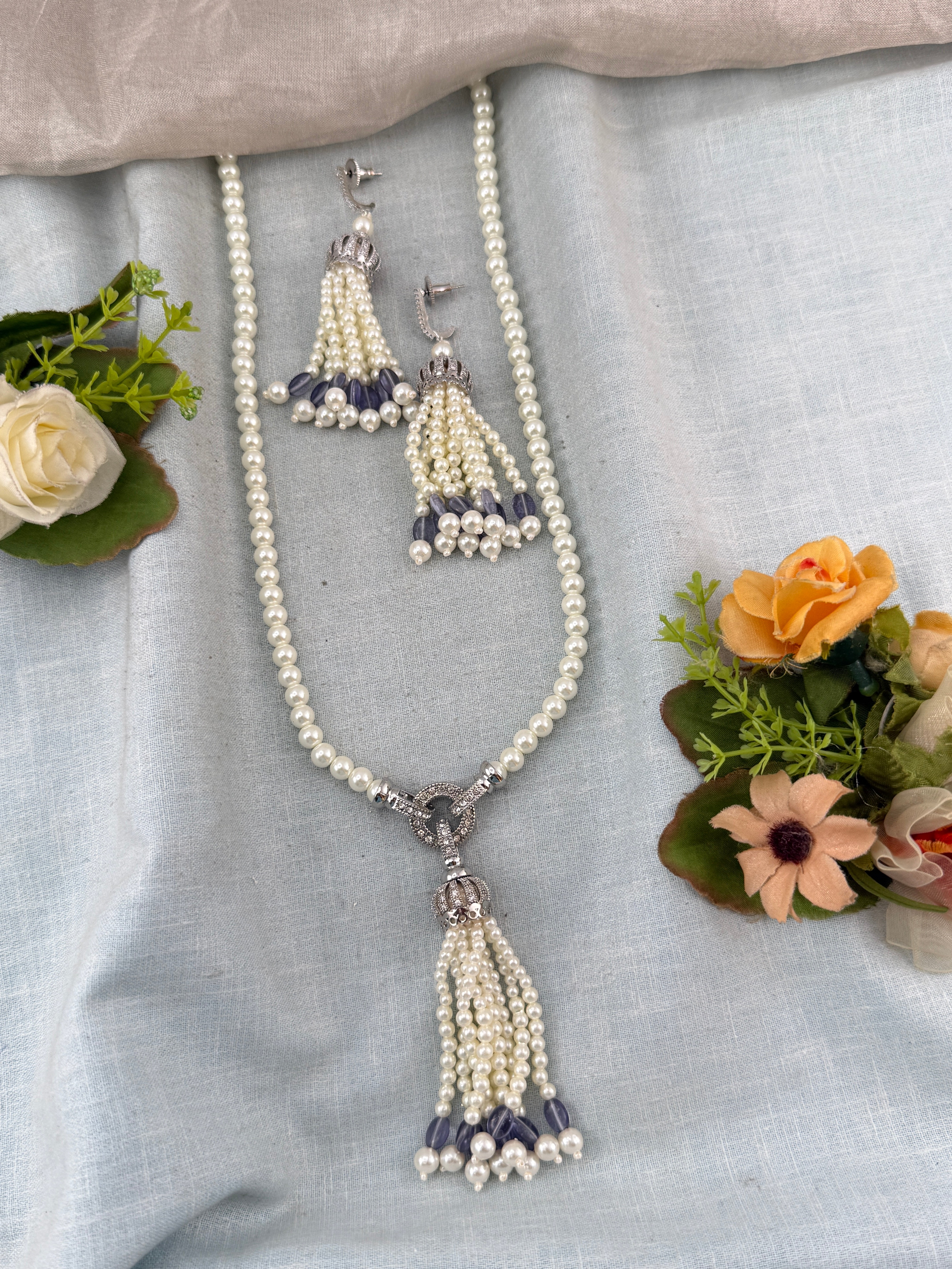 Premium Pearl Mid - Long Mala Necklace Set  | N0361 B