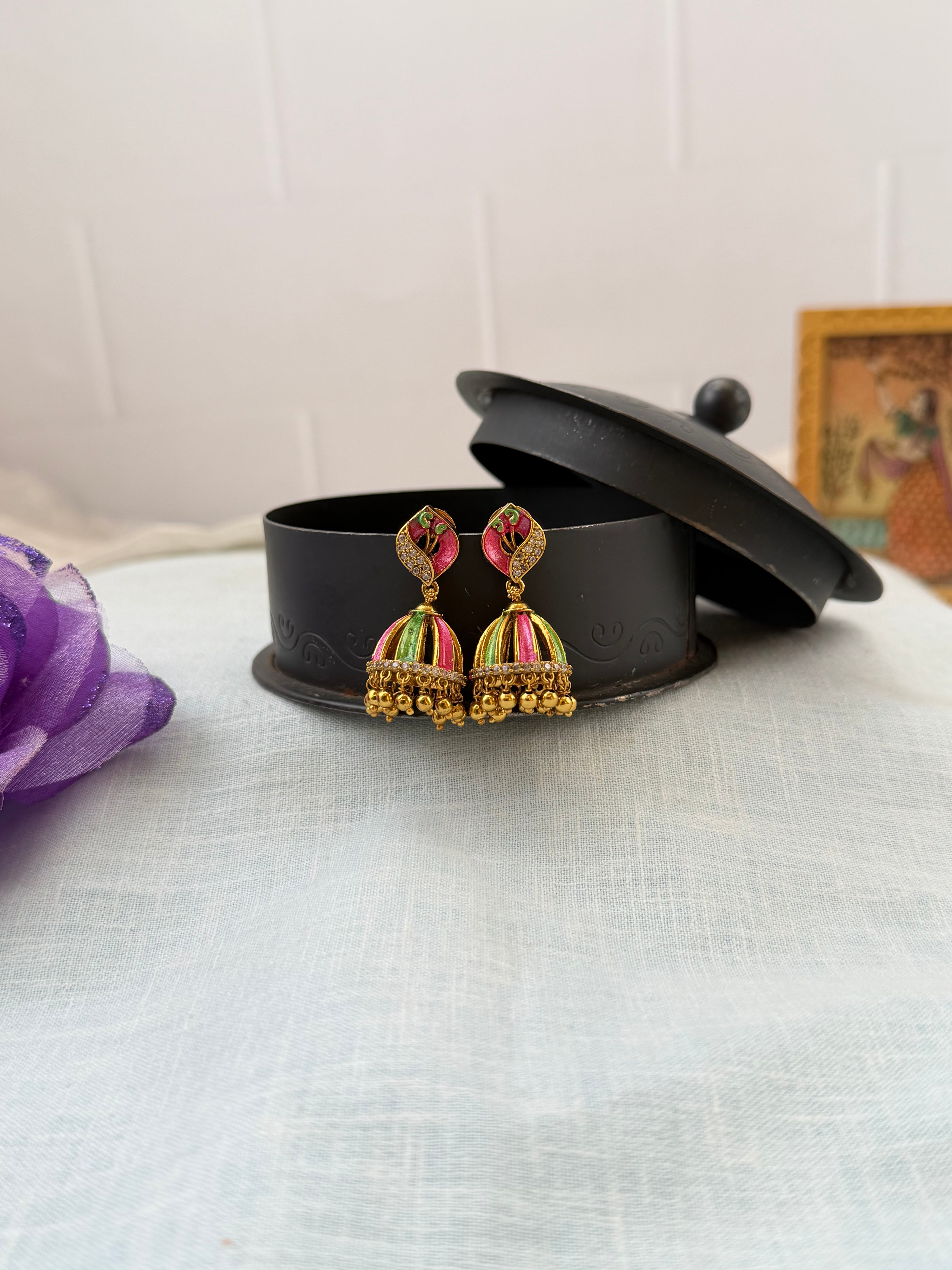 Traditional antique maatal ear chains – South Indian Jhumka ear chains, Ear maatal, jadebille, hair choti