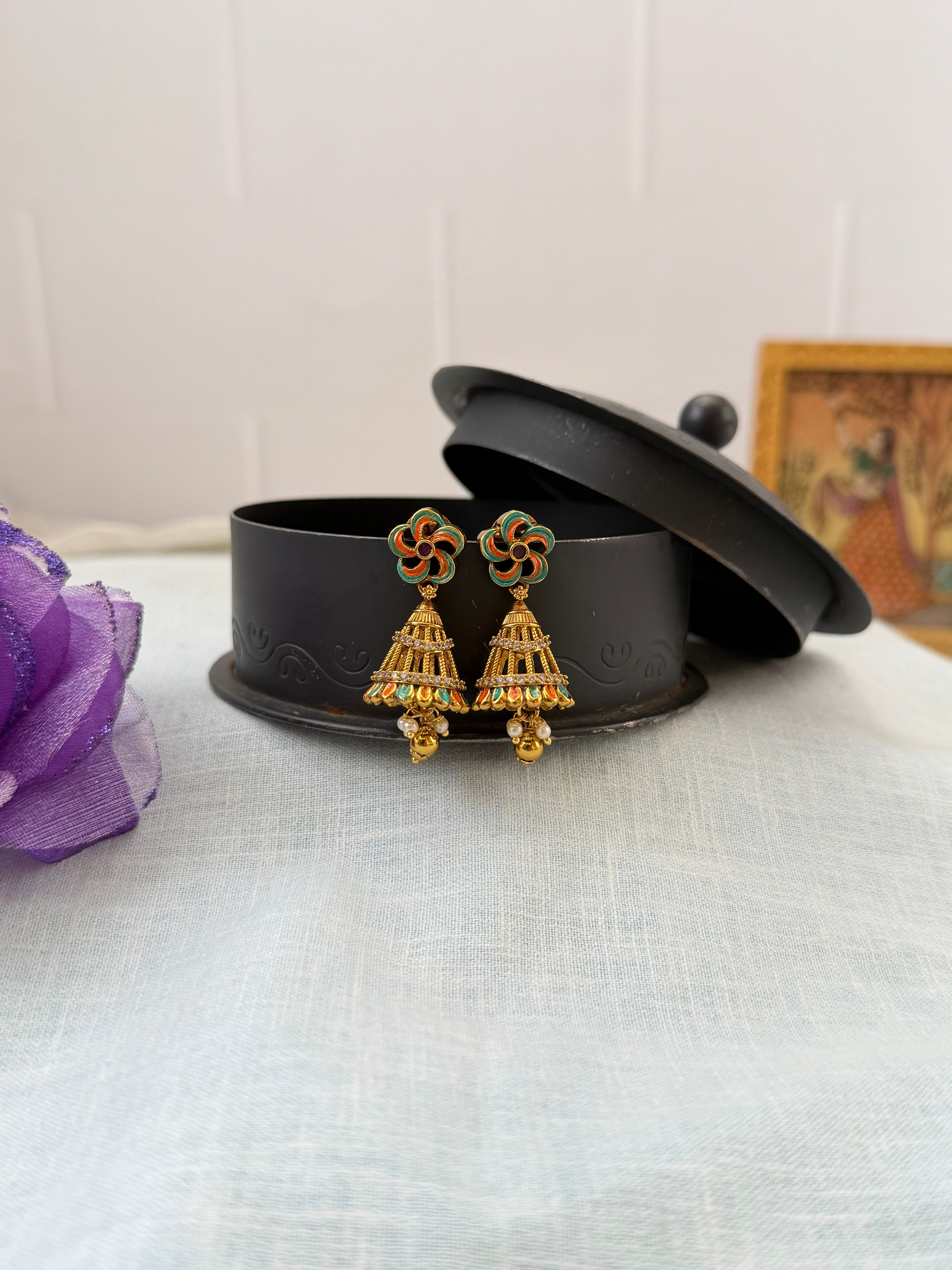Traditional antique maatal ear chains – South Indian Jhumka ear chains, Ear maatal, jadebille, hair choti