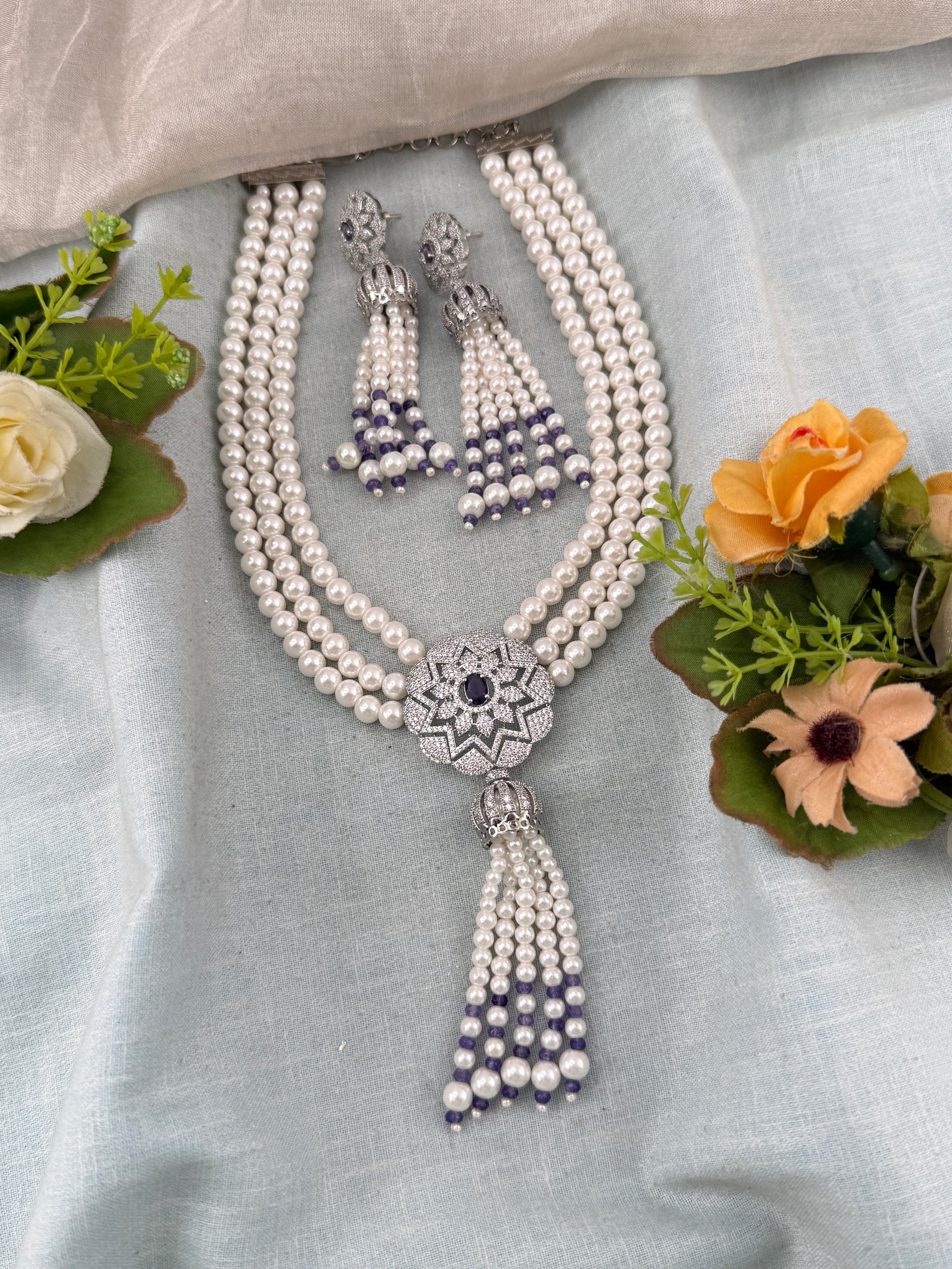 Premium Layer Stone Pendant Pearl Mala Necklace Set  | N0357