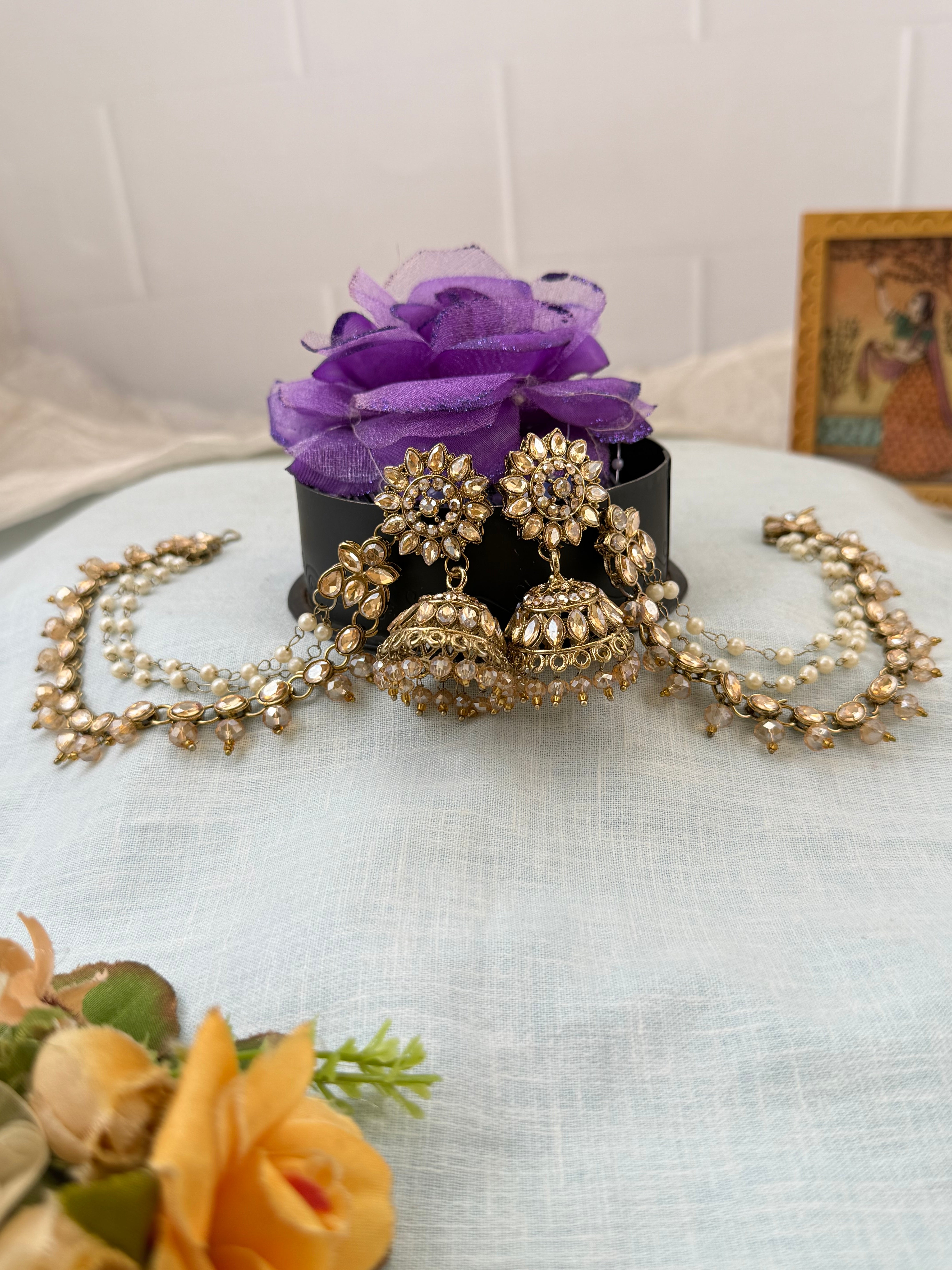 Traditional antique maatal ear chains – South Indian Jhumka ear chains, Ear maatal, jadebille, hair choti