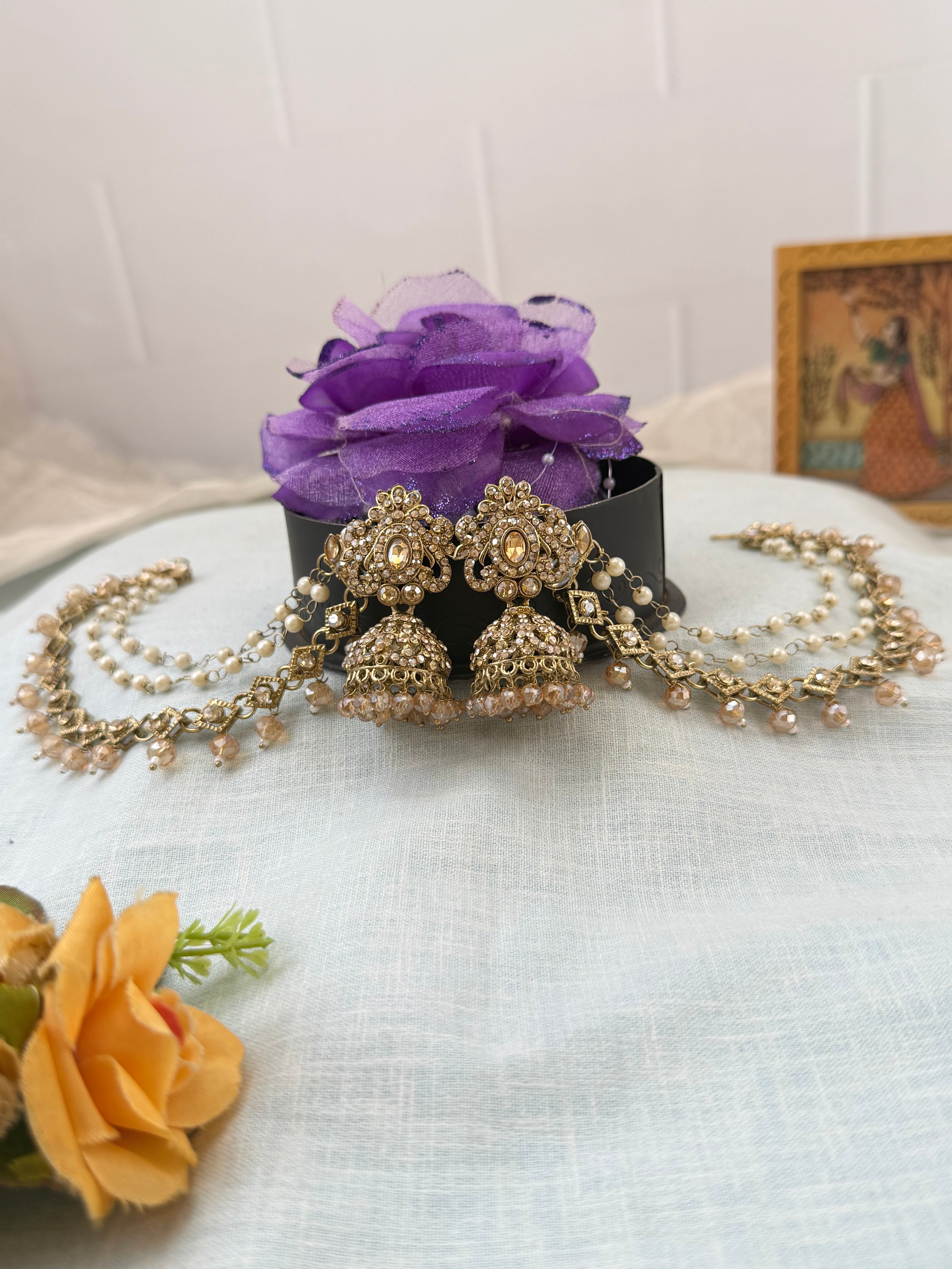 Traditional antique maatal ear chains – South Indian Jhumka ear chains, Ear maatal, jadebille, hair choti