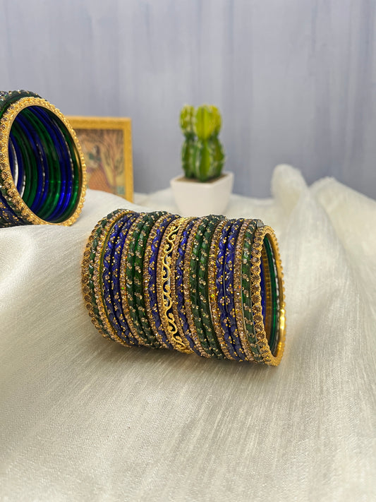 Green & Ink Blue Bridal Glass and Stone Bangle Set 5054 - Mahilas