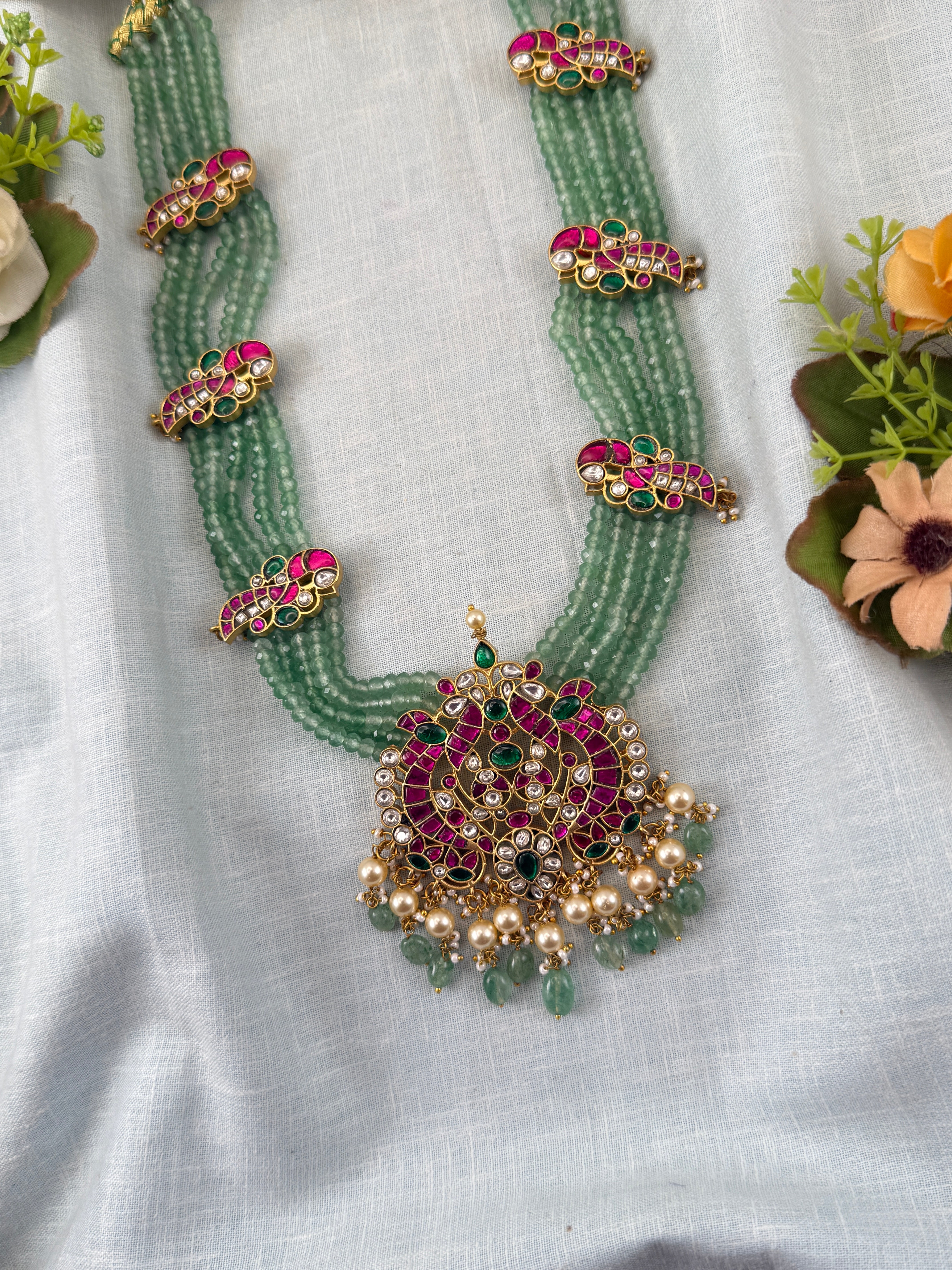 Jadau Kundan Necklace Layer Beads Long Premium Set P0037