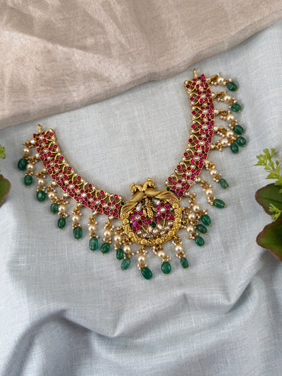 Jadau Kundan Necklace Peacock Short Premium Set N0382
