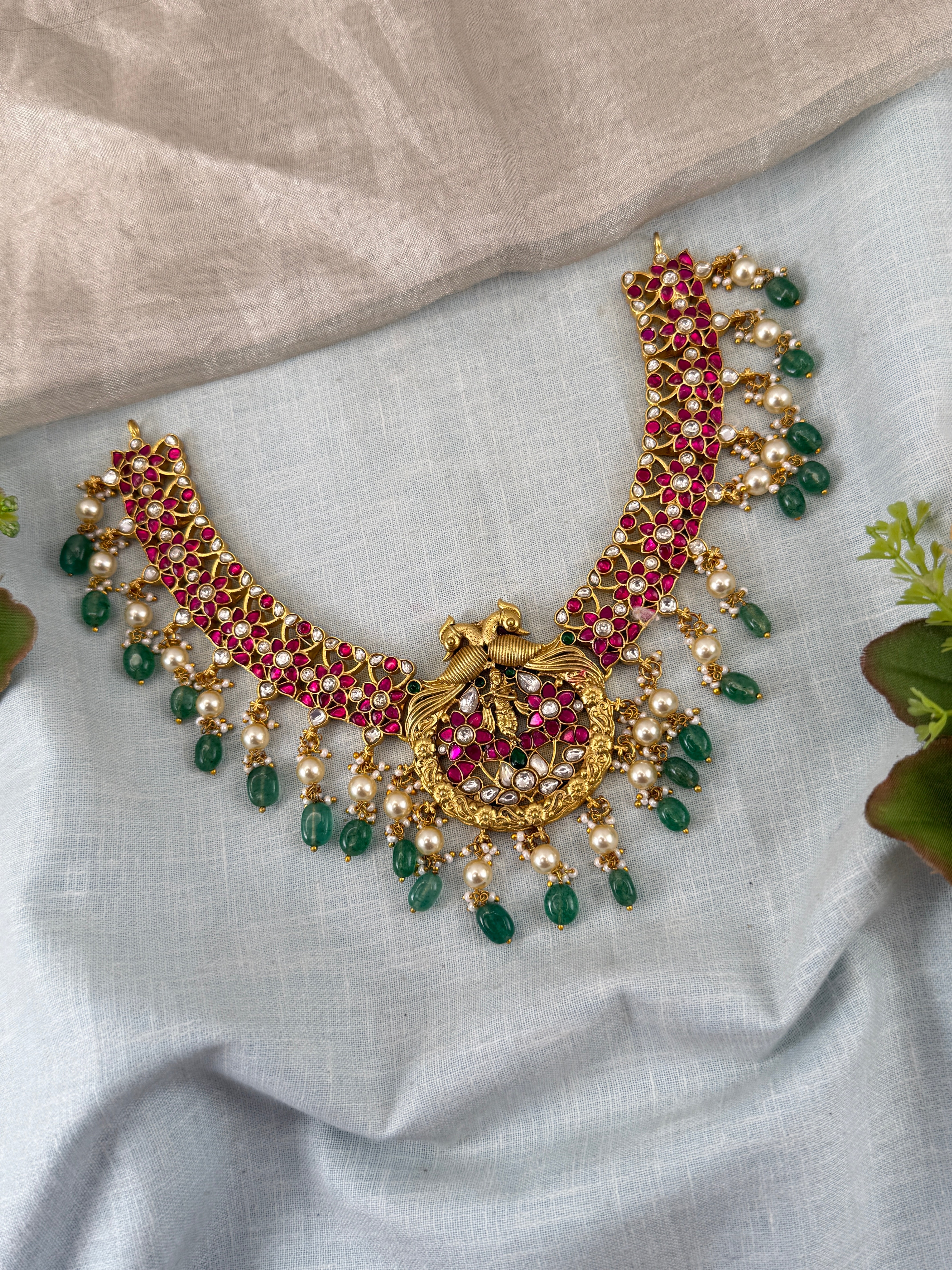 Jadau Kundan Necklace Peacock Short Premium Set N0382