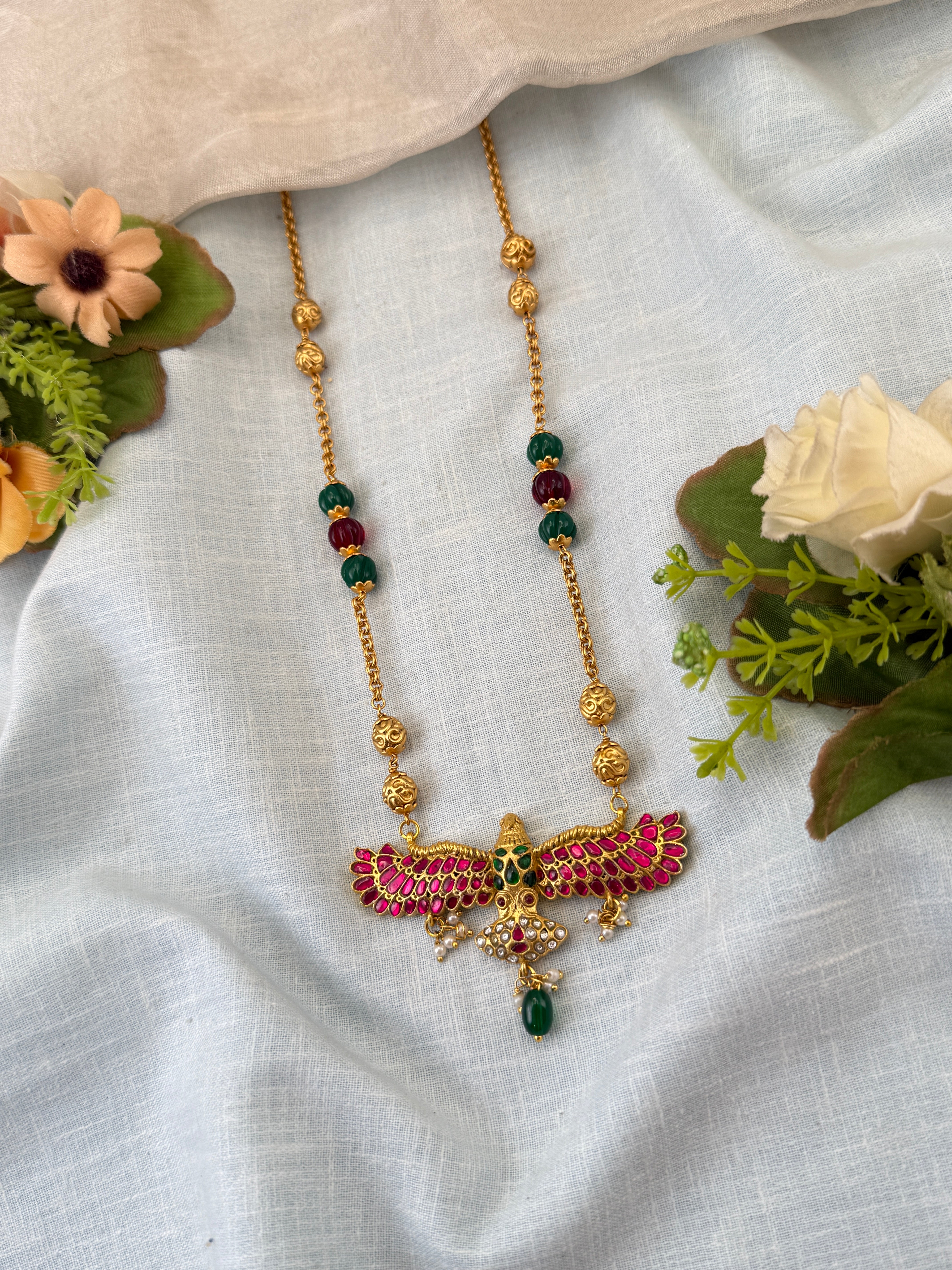 Royal Antique Jadau Garuda Pendant Short Necklace Set 0974