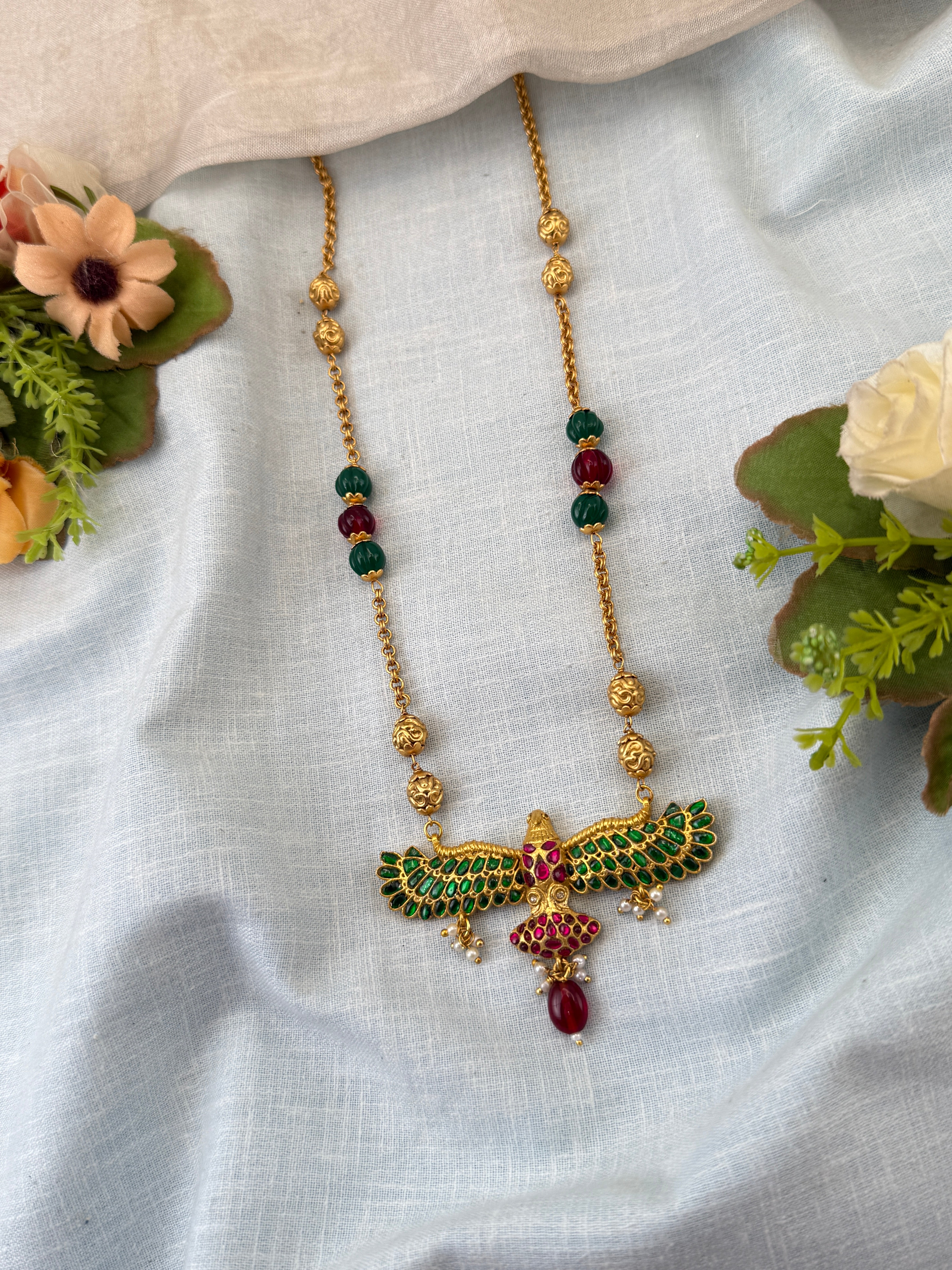 Royal Antique Jadau Garuda Pendant Short Necklace Set 0976