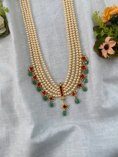 Jadau Kundan Pearl Layer Long Necklace Set Premium | N0467