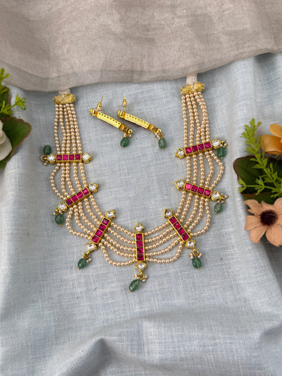 Jadau Kundan Pearl Layer Short Necklace Set Premium | N0460