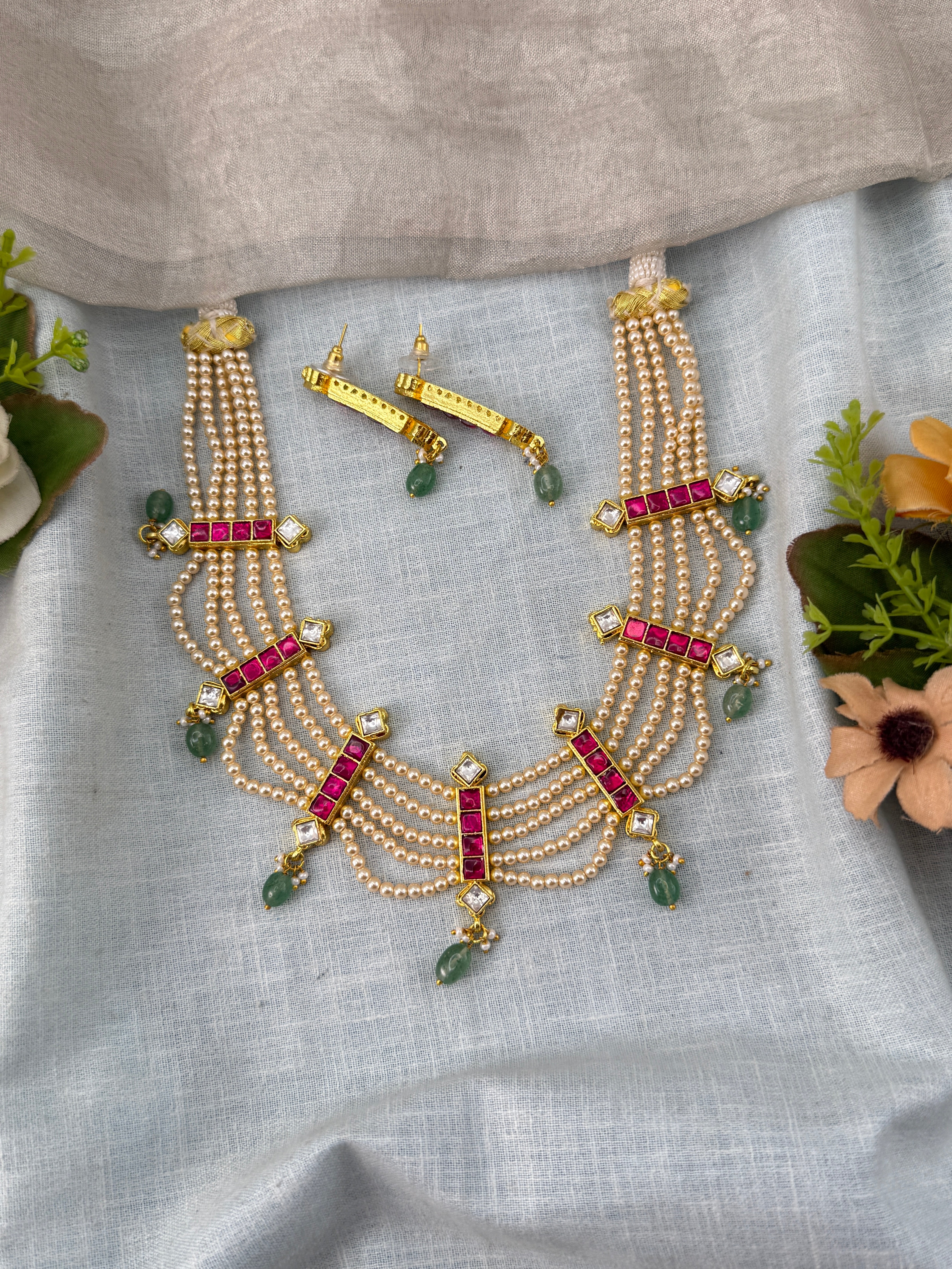 Jadau Kundan Pearl Layer Short Necklace Set Premium | N0460