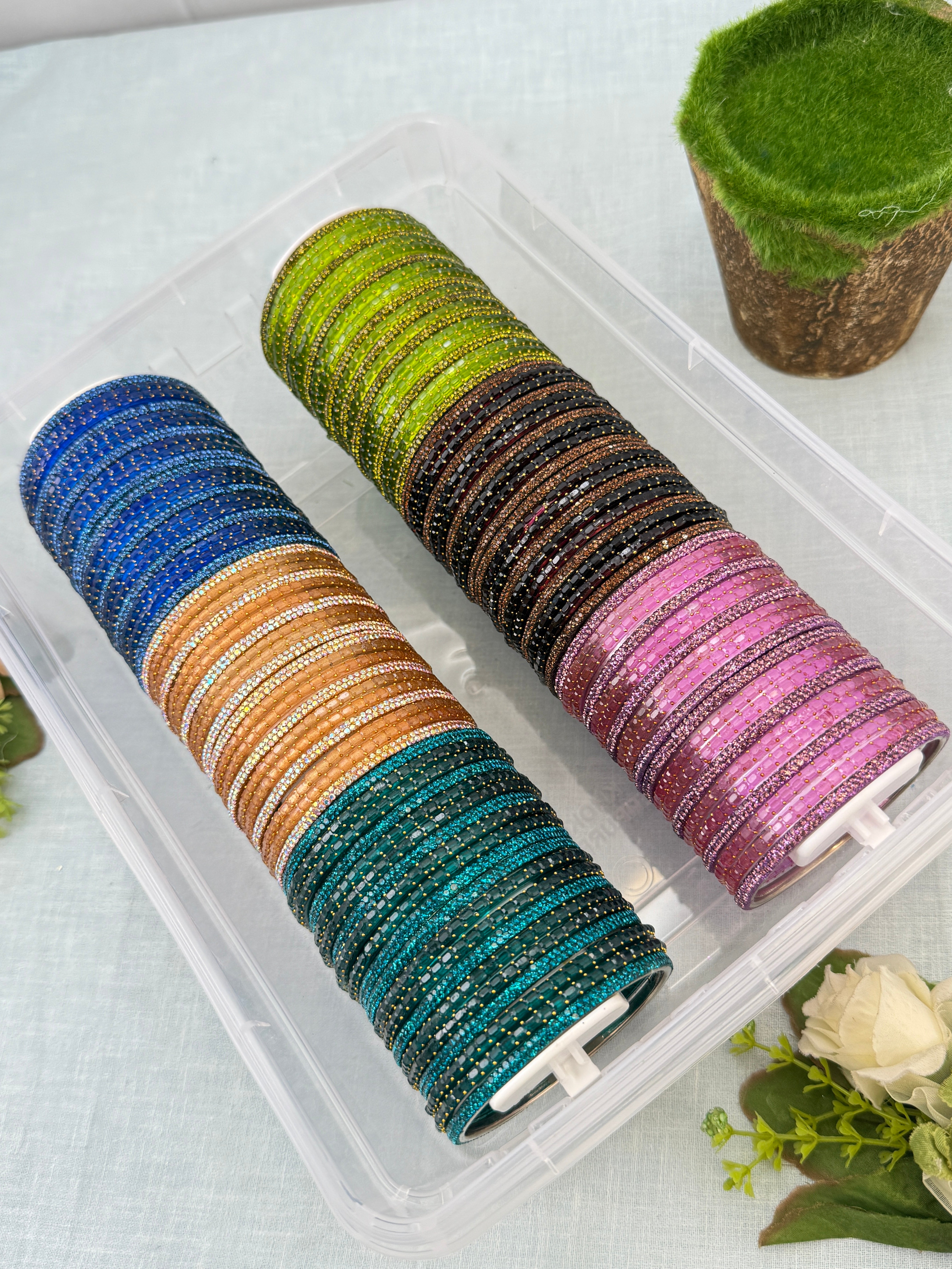 Premium Plain Metal Bangles with Rain Drop Glass Bangle Full Box 6 Colors - 3467
