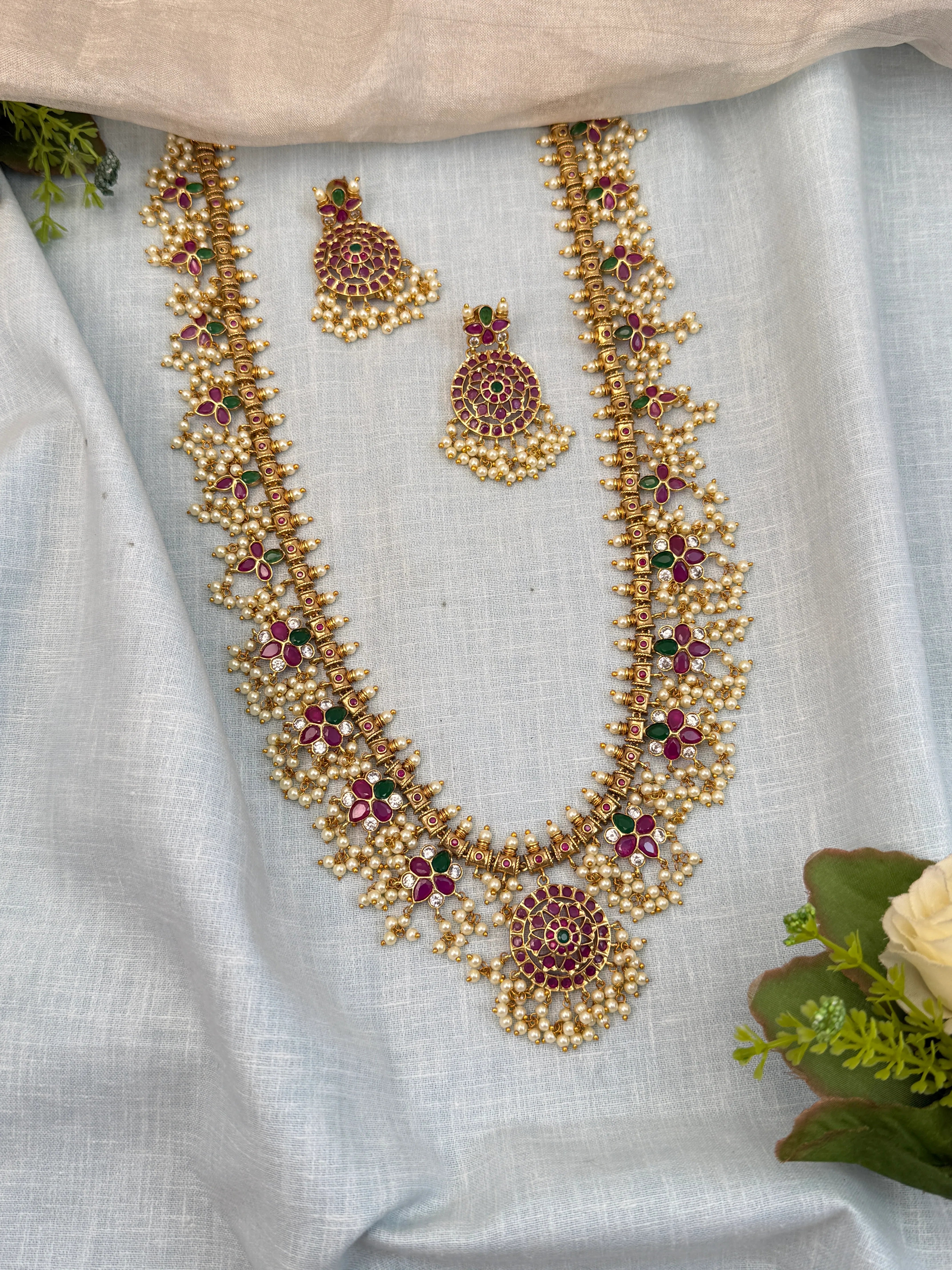 Royal Antique Long Guttapusalu Necklace Set 963