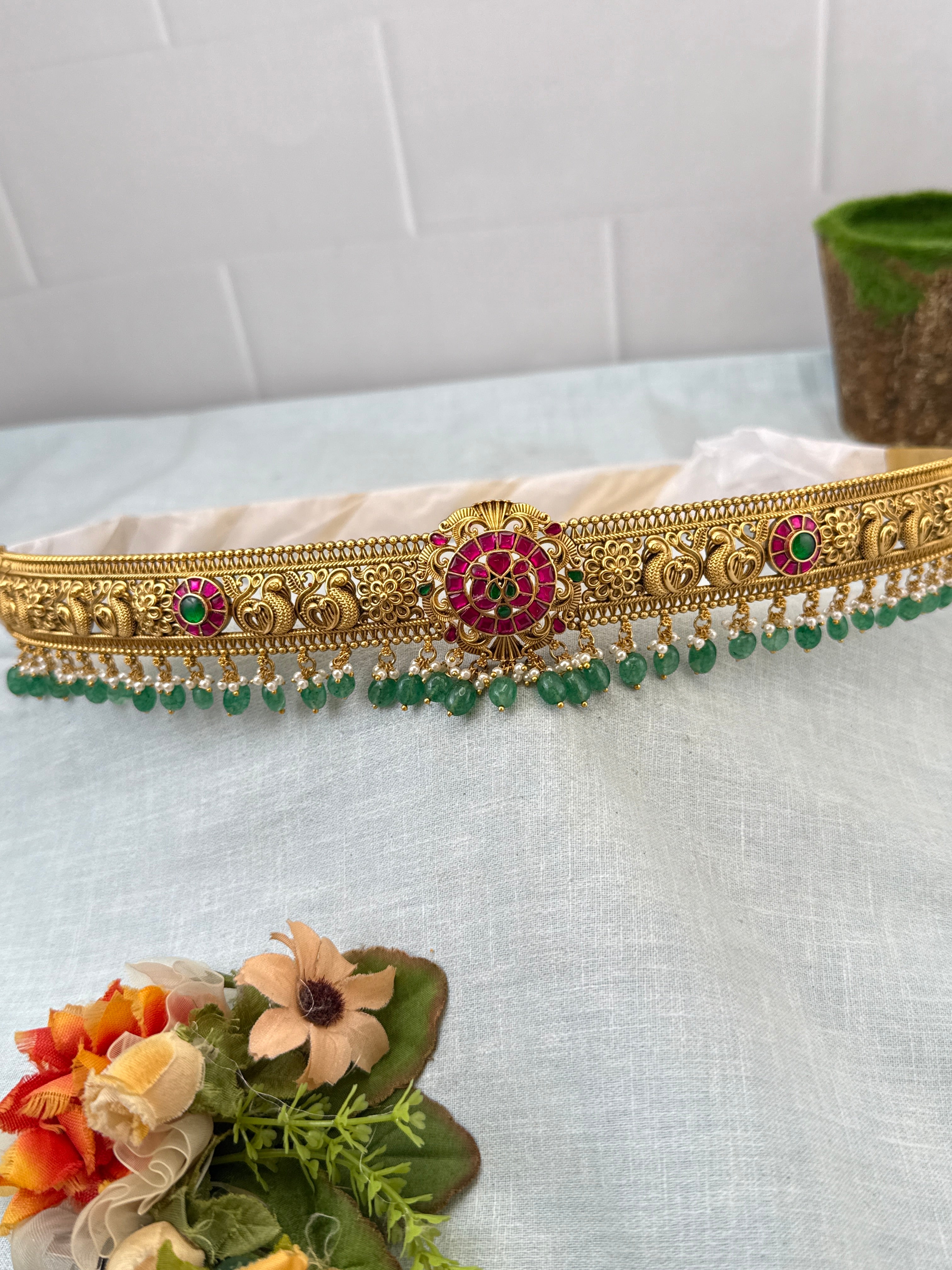 Luxurious Peacock Jadau Pendant Antique Belt Vaddanam 8091