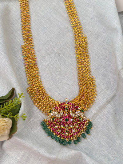 Jadu kundan Pandant Designer Chain Long Necklace Set | C0022
