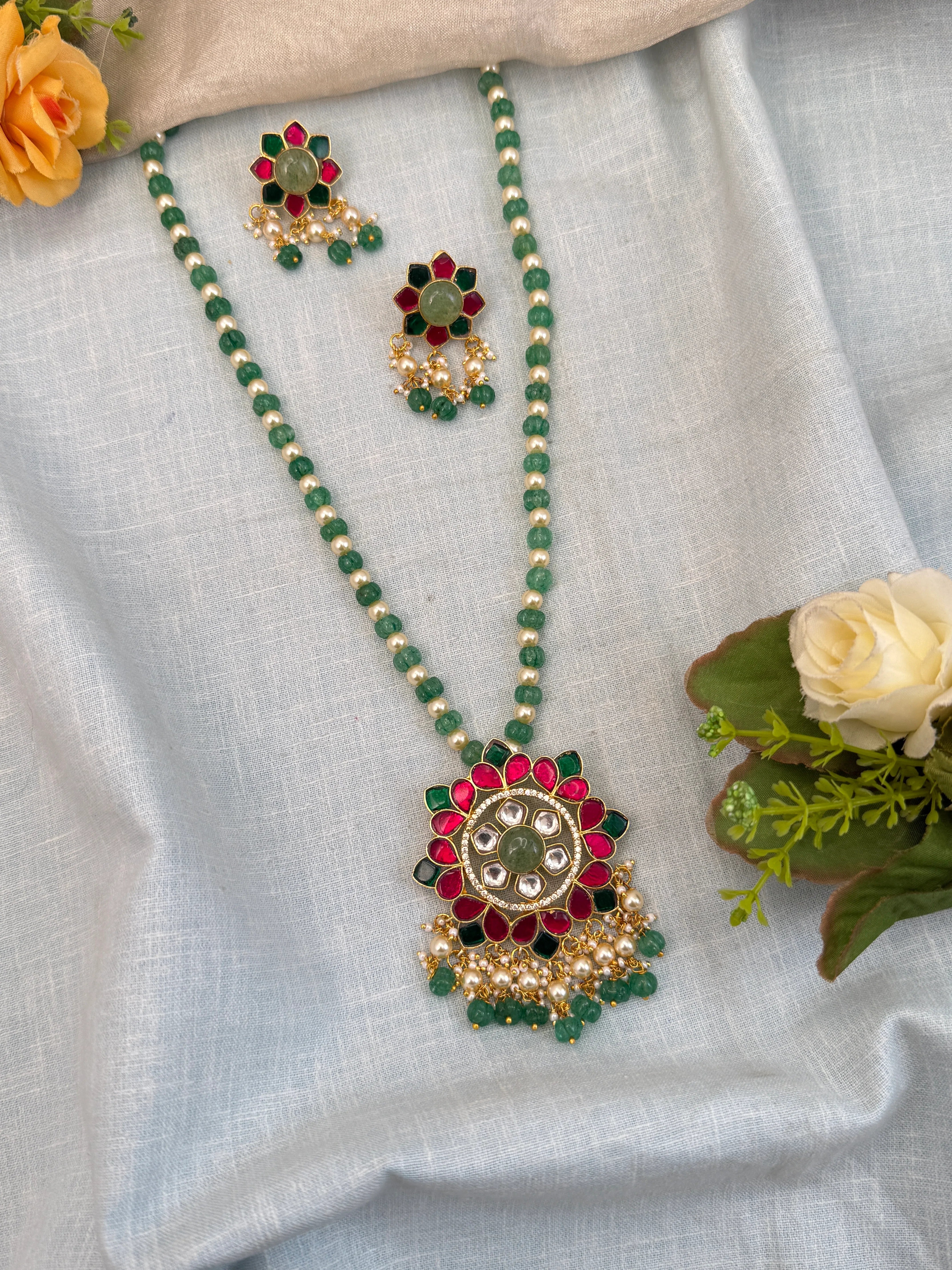 Luxurious Jadau Kundan Pendant Mid Long Necklace Set 573