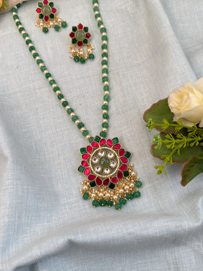 Luxurious Jadau Kundan Pendant Mid Long Necklace Set 573
