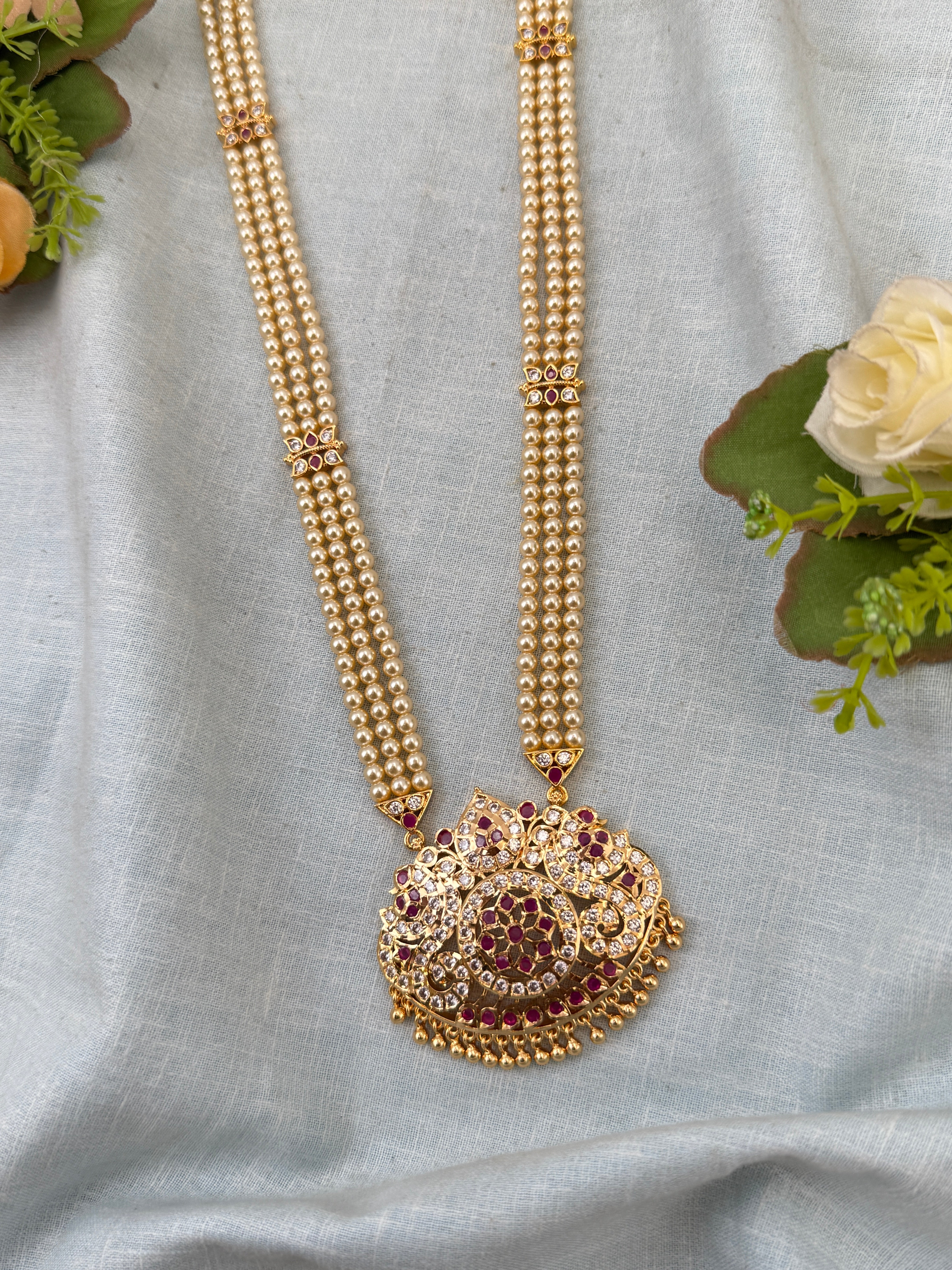 Royal Antique Gold Like Layer Pearl Long Necklace Set 0994