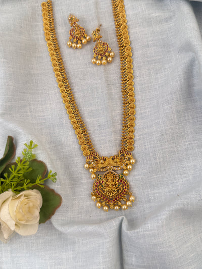 Antique Kasu Peacock Lakshmi Pendant Long Necklace Set| N0611