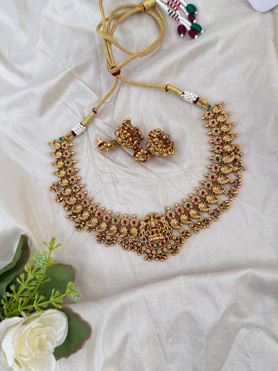 Antique Peacock Necklace Lakshmi Pendant Short Set| N0624