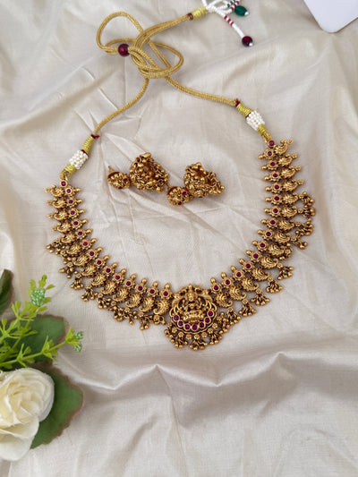 Antique Peacock Necklace Lakshmi Pendant Short Set| N0625