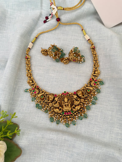 Antique Peacock Necklace Lakshmi Pendant Short Set | N0632