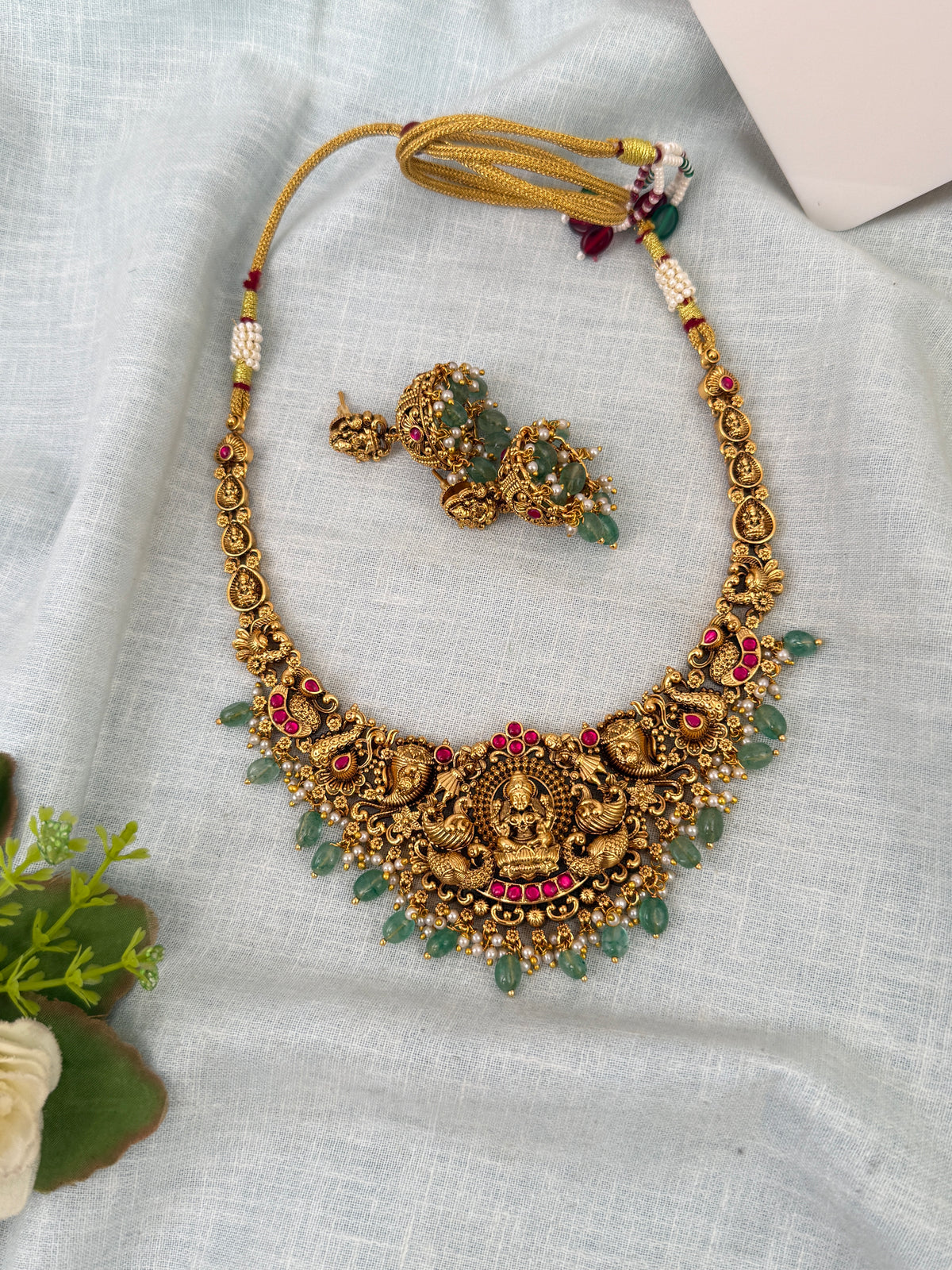 Antique Peacock Necklace Lakshmi Pendant Short Set | N0630